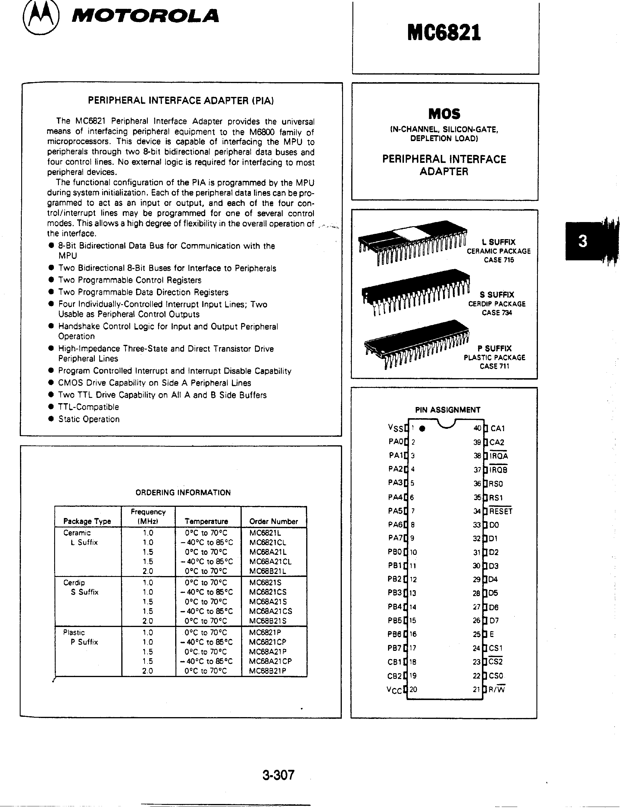 Datasheet MC6821 - PERIPHERAL INTERFACE ADAPTER page 1
