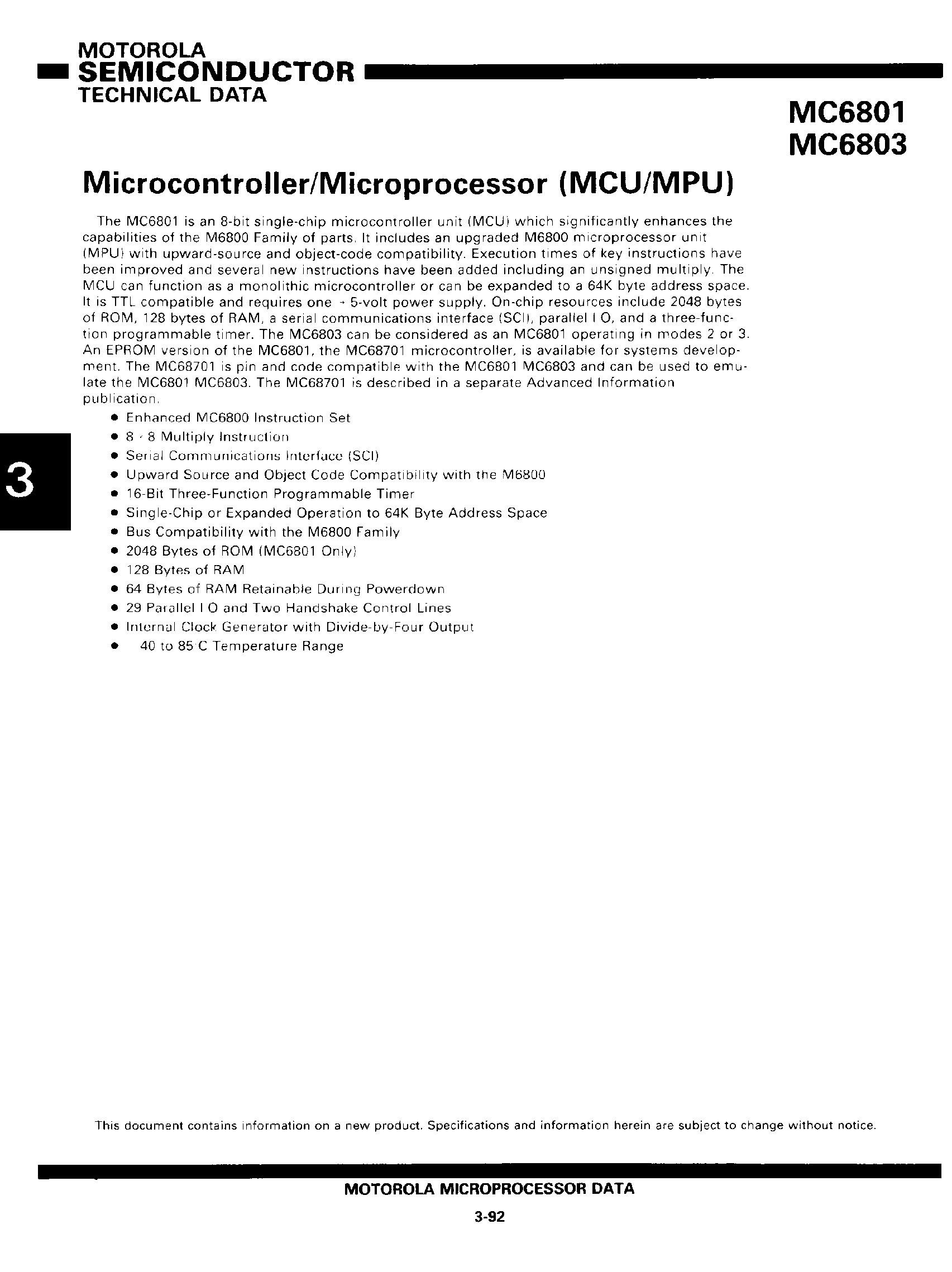 Datasheet MC6801 - (MC68B01 / MC68B03) Microcontroller/Microprocessor (MCU/MPU) page 1