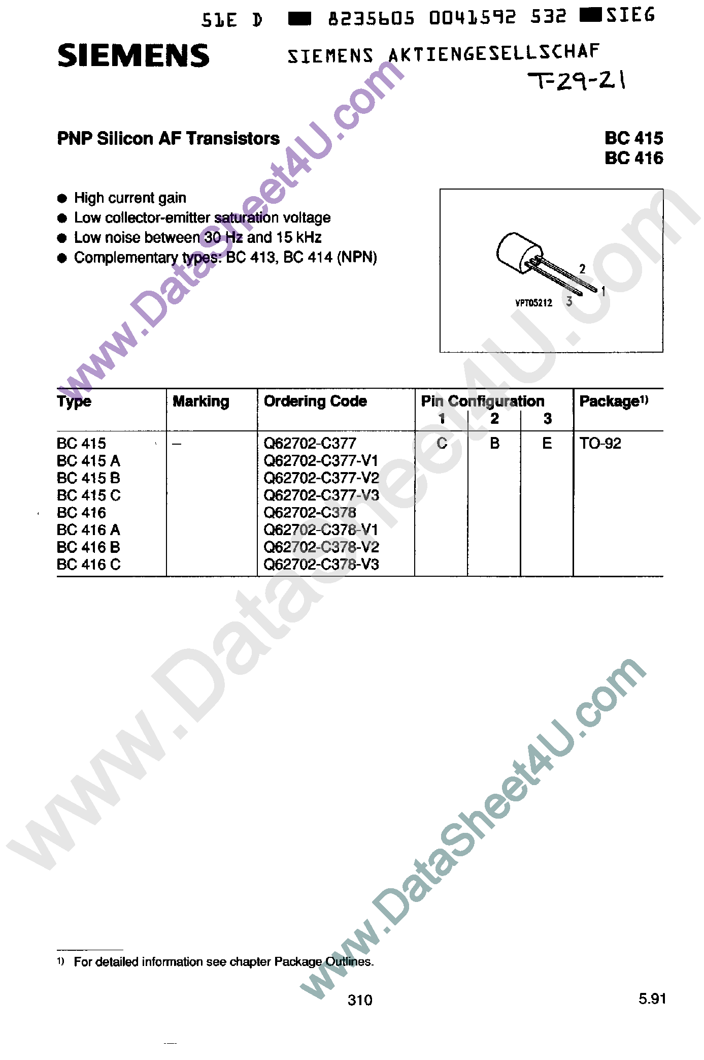 Даташит BC415 - (BC415 / BC416) PNP Silicon AF Transistors страница 1