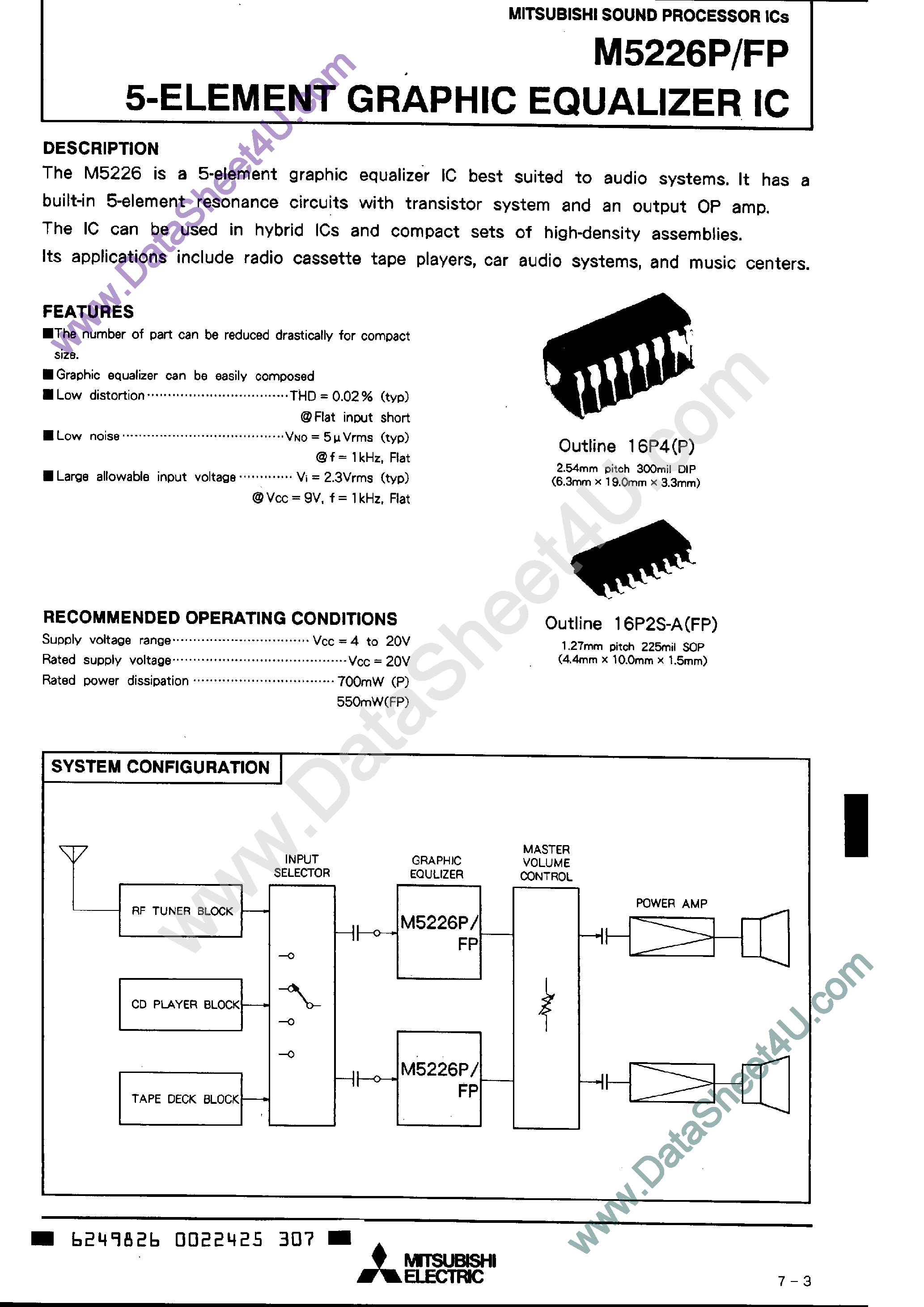 Datasheet M5226FP - (M5226P/FP) 5-element graphic equalizer IC page 1