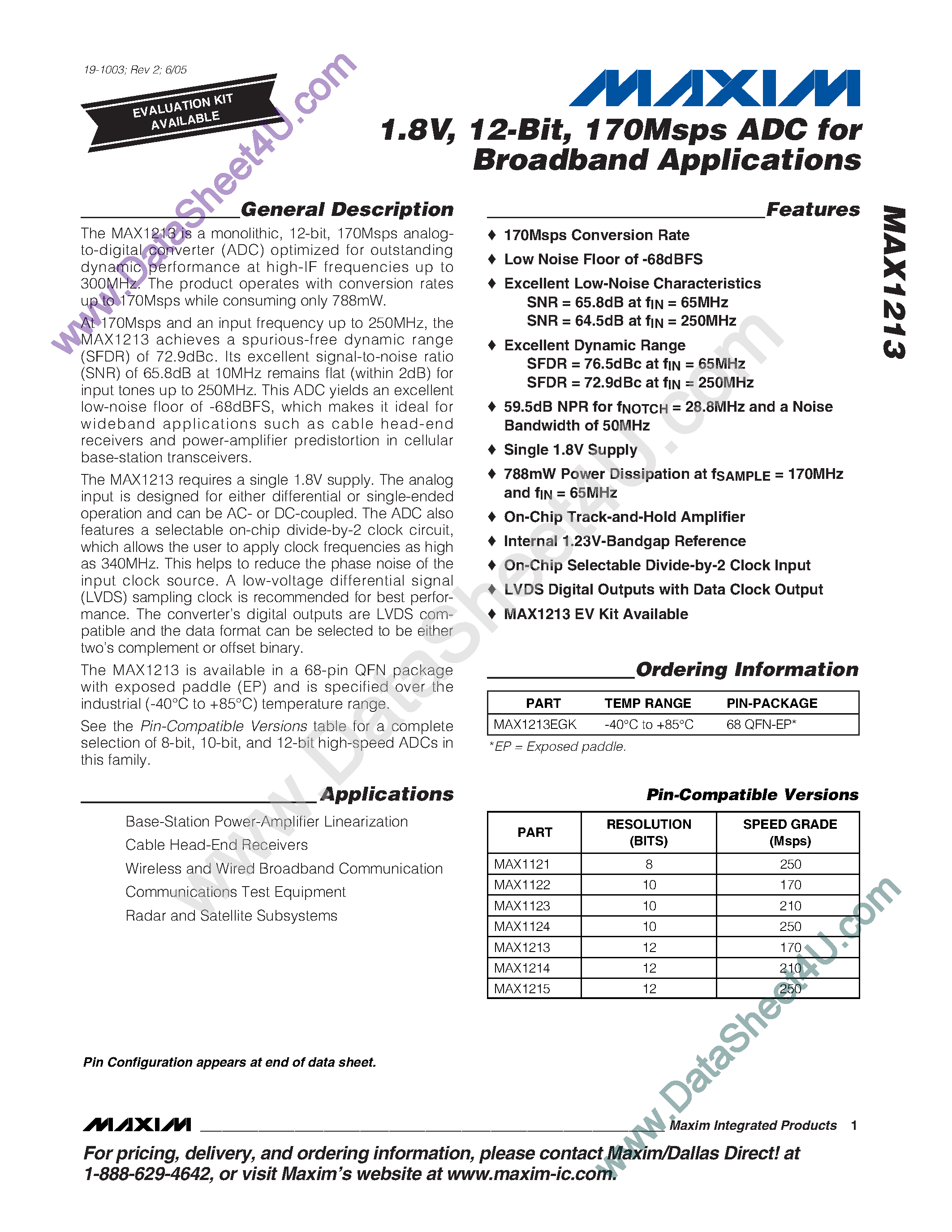 Datasheet MAX1213 - 170Msps ADC page 1