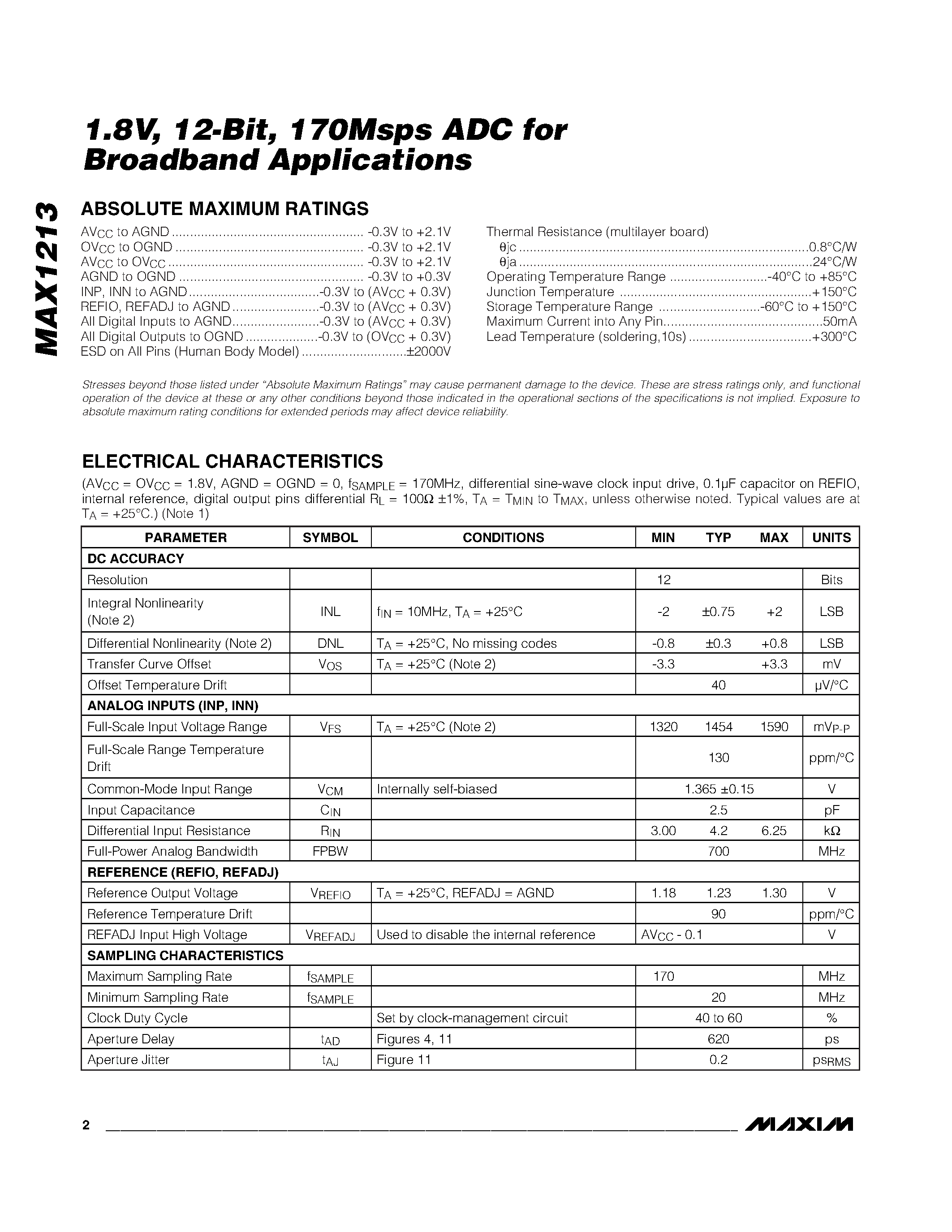 Datasheet MAX1213 - 170Msps ADC page 2