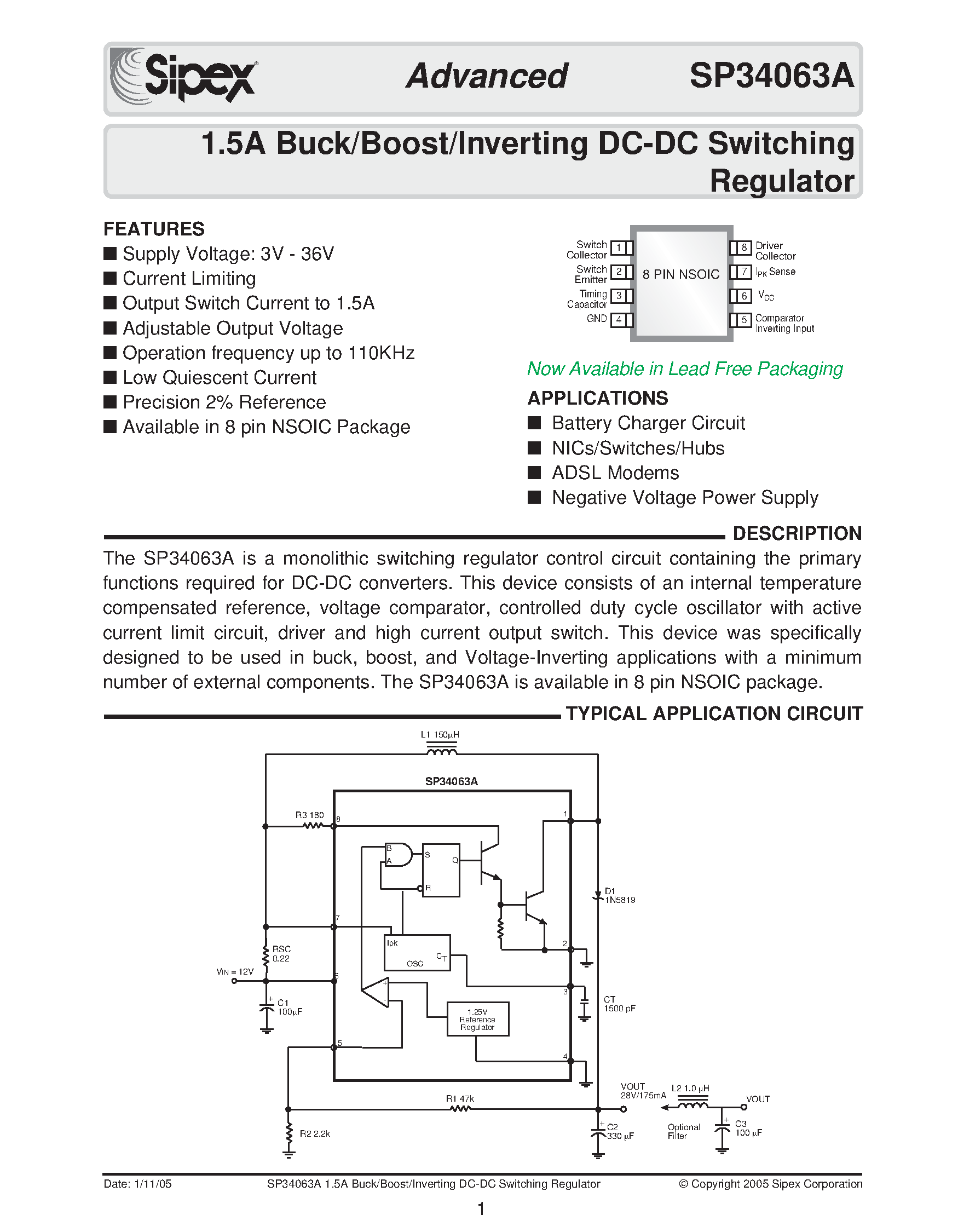 Datasheet SP34063A - 1.5A Buck/Boost/Inverting DC-DC Switching Regulator page 1