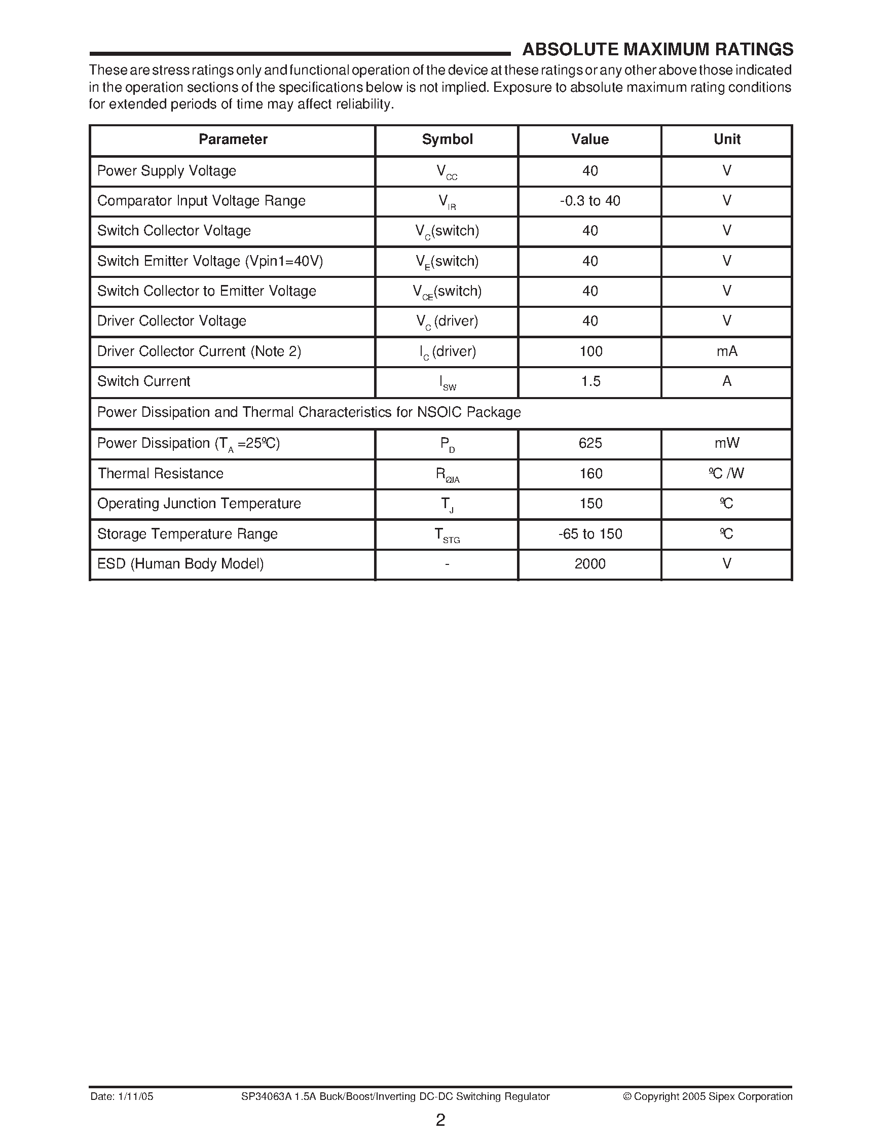 Datasheet SP34063A - 1.5A Buck/Boost/Inverting DC-DC Switching Regulator page 2