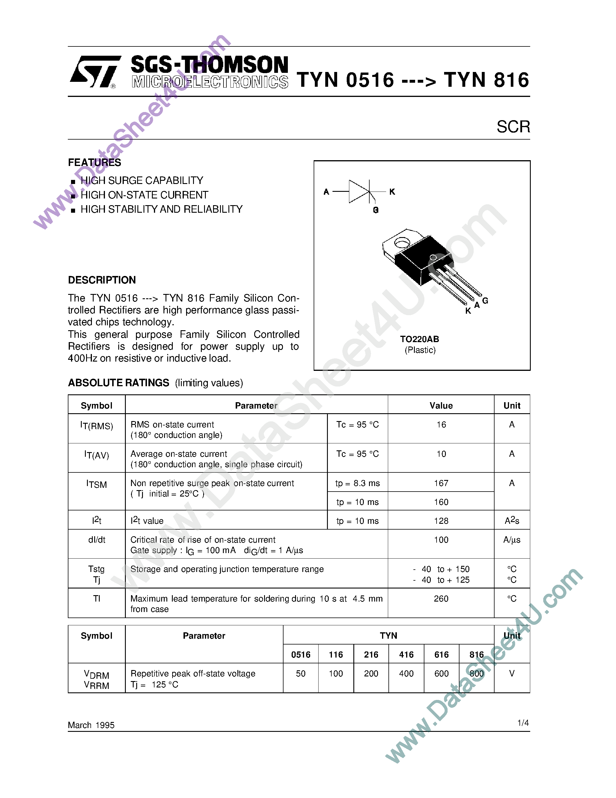 Datasheet TYN416 - SCR page 1
