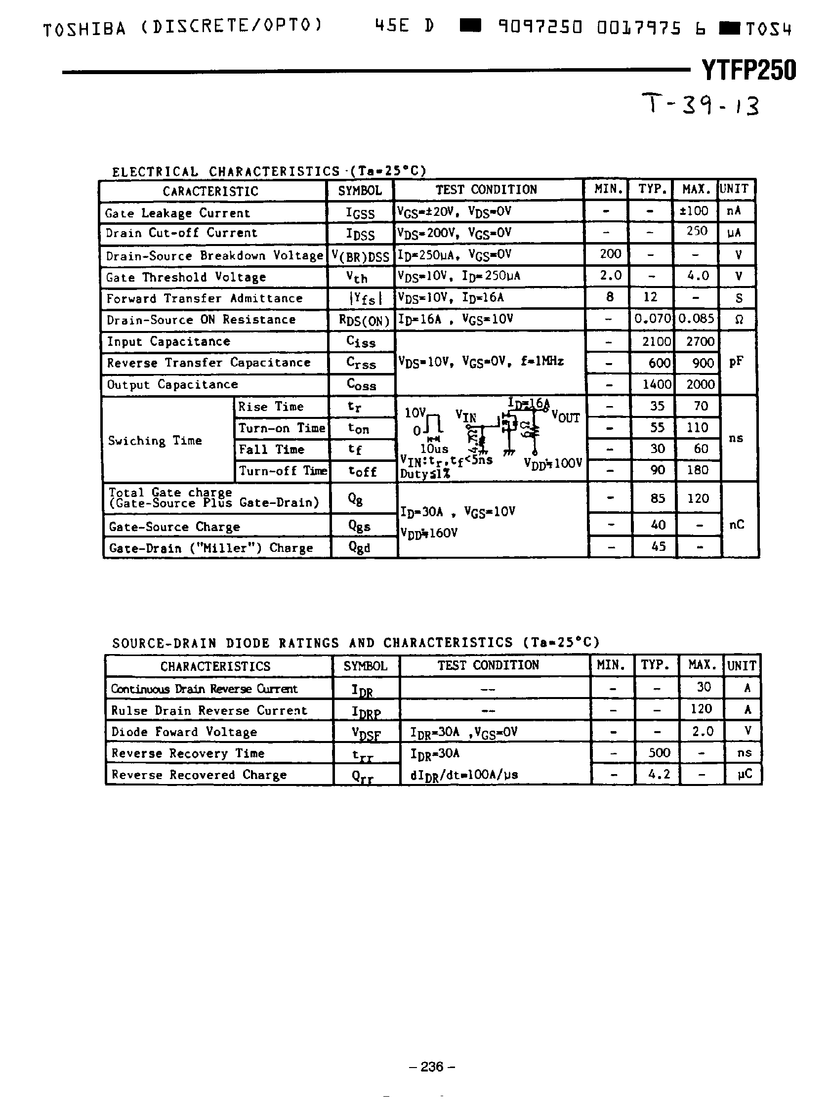 Даташит на микросхему YTFP250 страница 2 Даташит YTFP250 - SILICON N CHANNEL MOS TYPE (PI - MOSI) страница 2