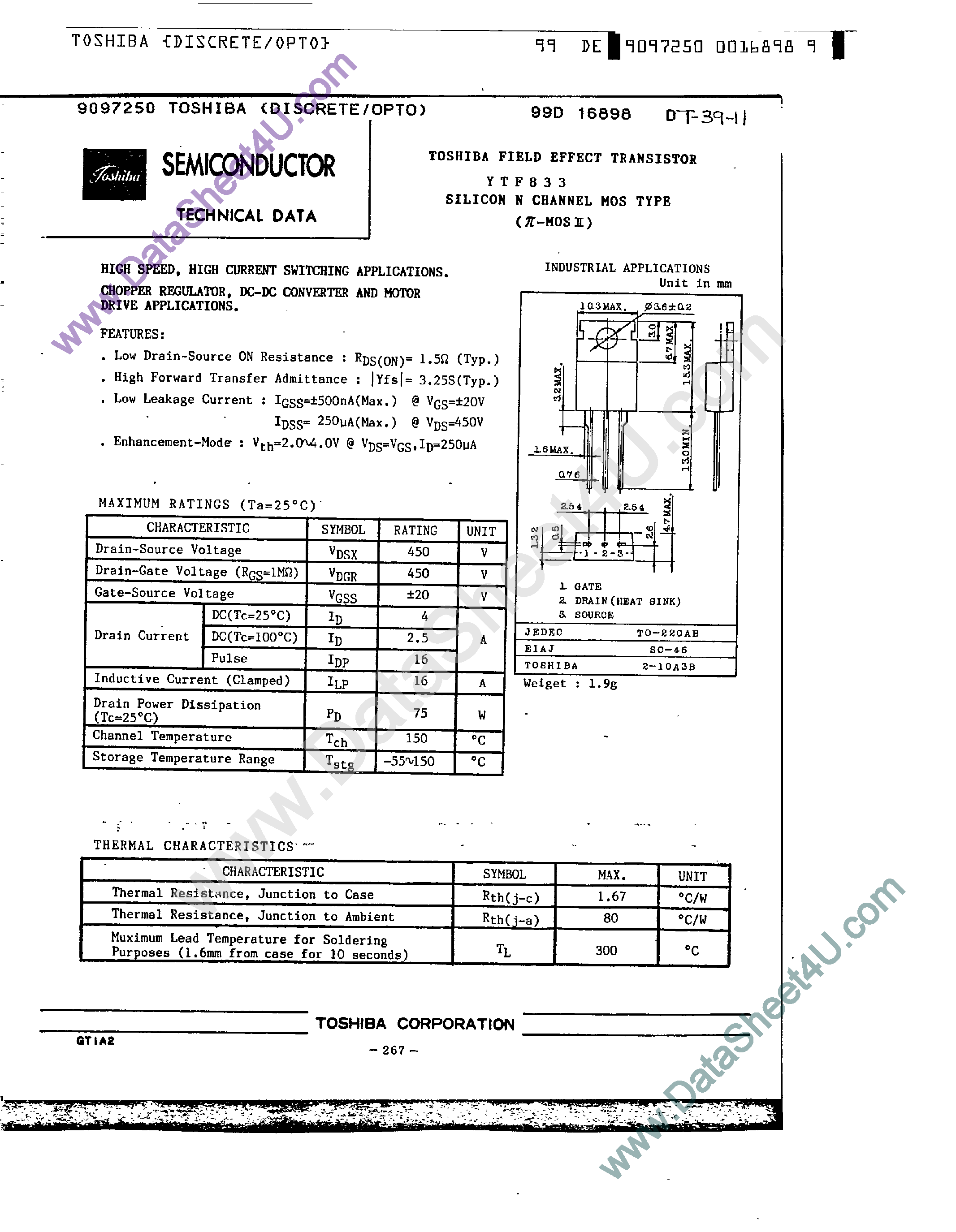 Datasheet YTF833 page 1 Datasheet YTF833 - Silicon N-Channel MOS Type page 1