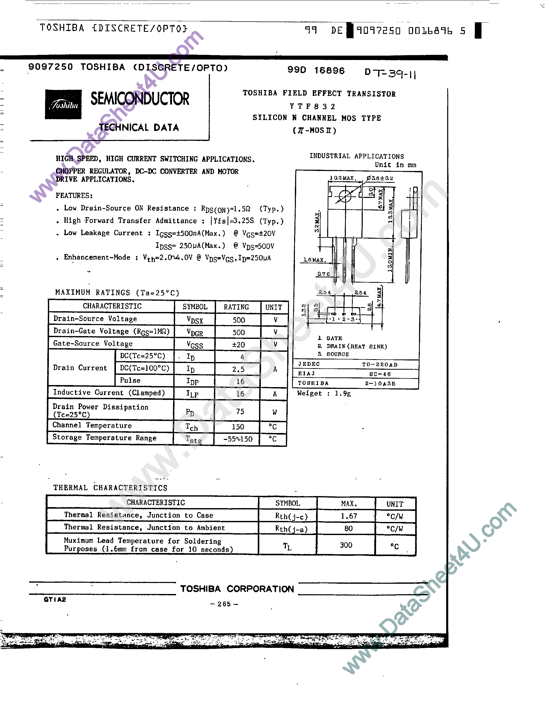 Datasheet YTF832 - Silicon N-Channel MOS Type page 1