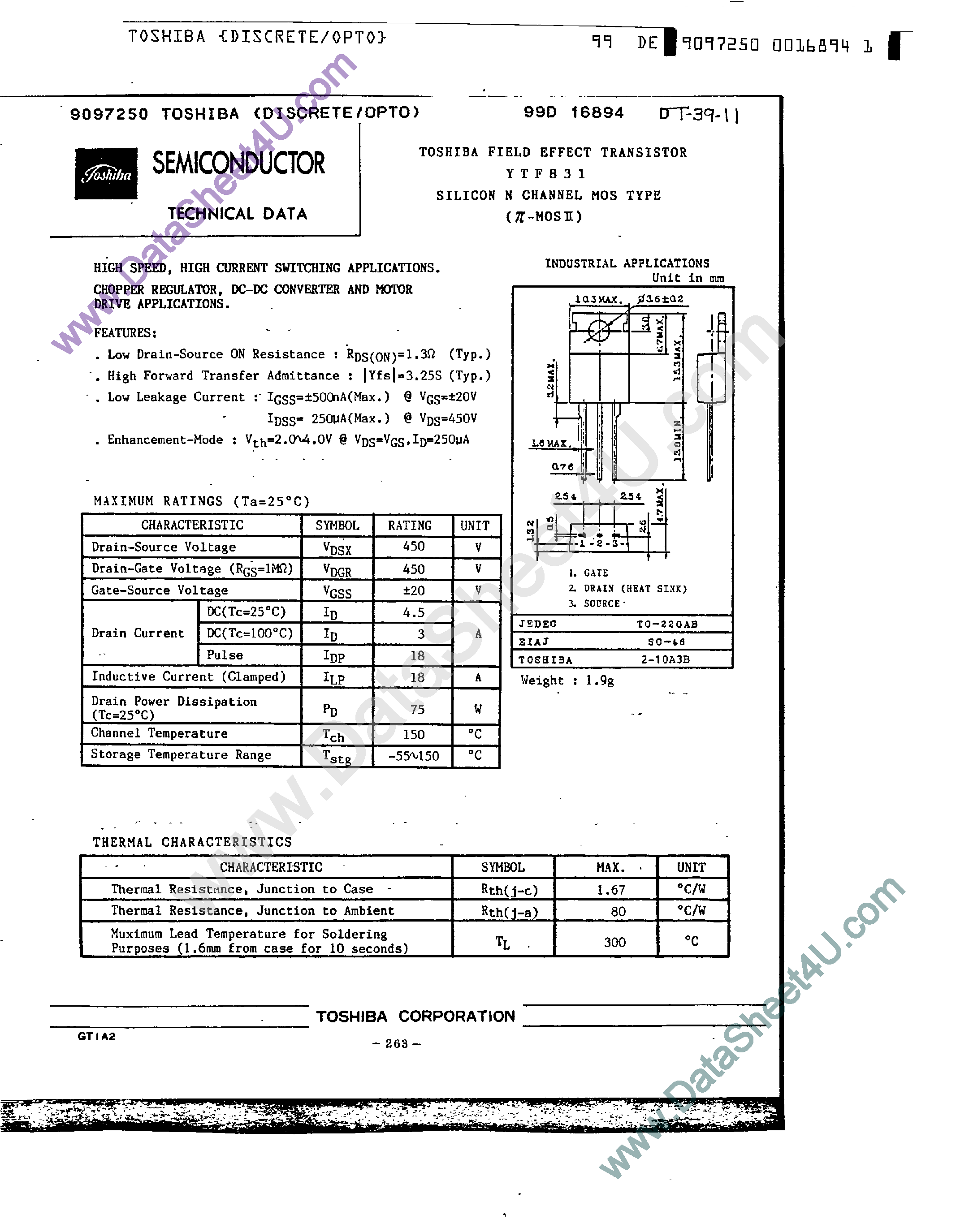 Datasheet YTF831 page 1 Datasheet YTF831 - Silicon N-Channel MOS Type page 1