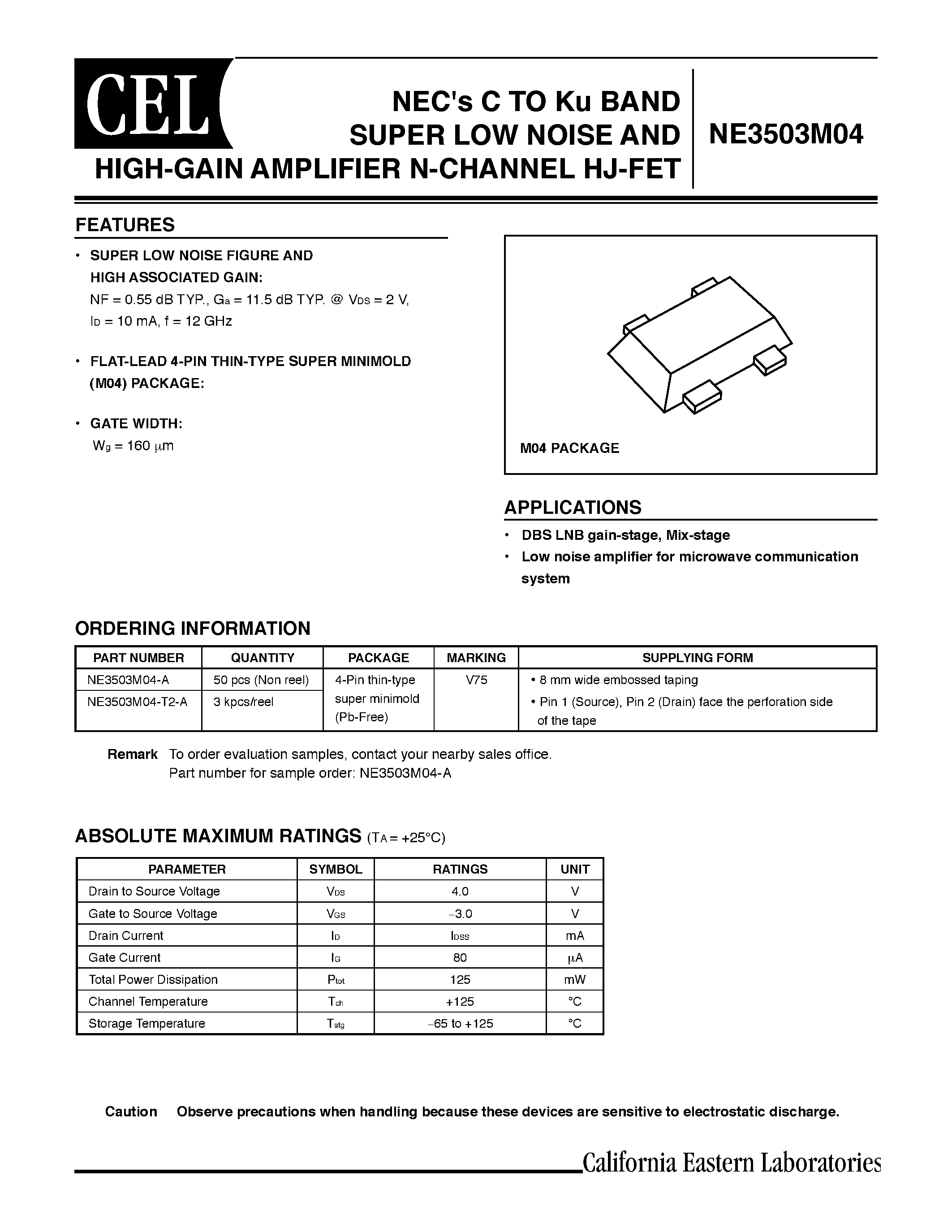 Datasheet NE3503M04 - SUPER LOW NOISE AND HIGH-GAIN AMPLIFIER N-CHANNER HJ-FET page 1