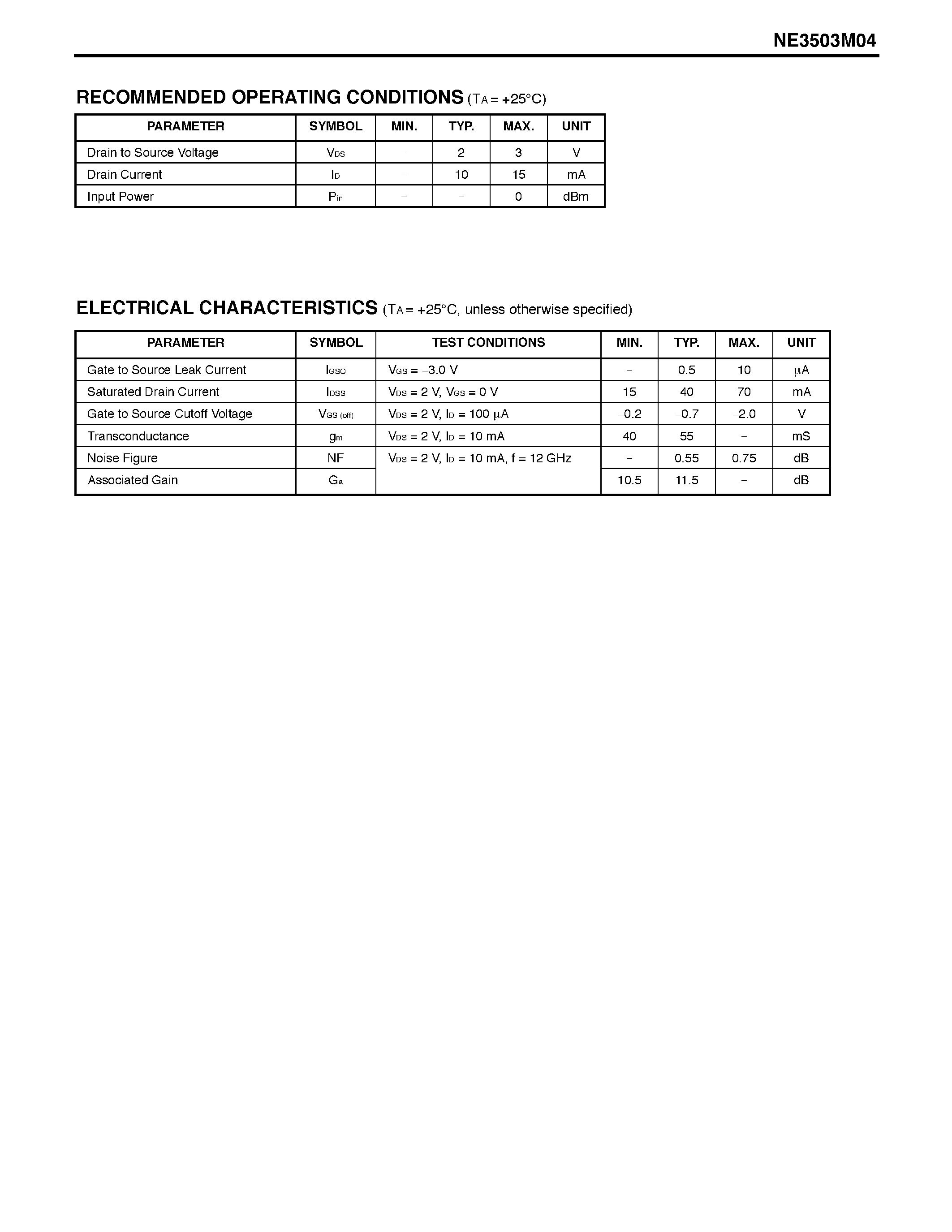 Datasheet NE3503M04 - SUPER LOW NOISE AND HIGH-GAIN AMPLIFIER N-CHANNER HJ-FET page 2