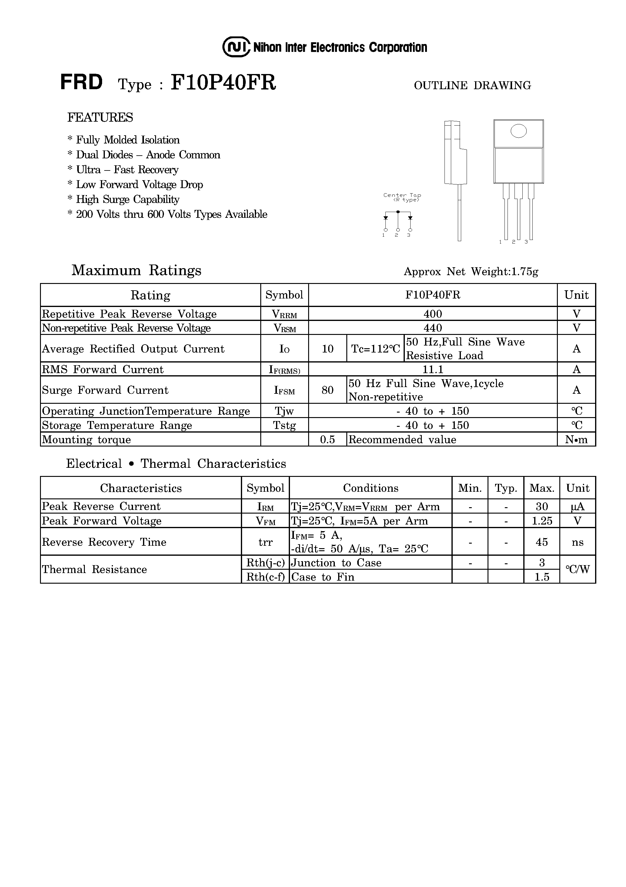 Даташит на микросхему F10P40FR страница 1 Даташит F10P40FR - FRD DUAL DIODES - ANODE COMMON страница 1