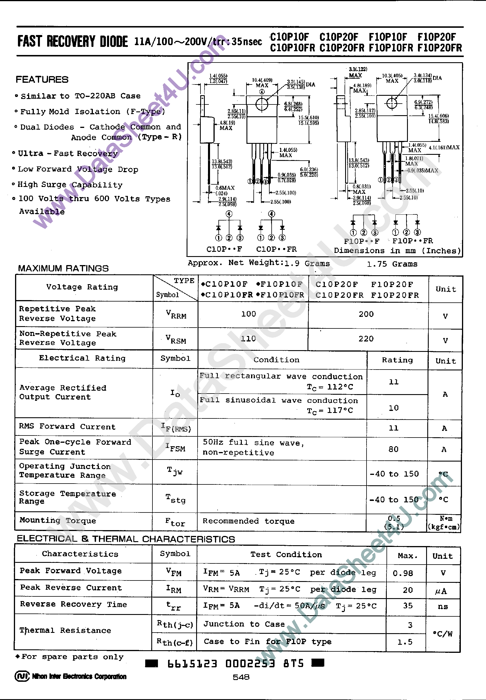 Даташит на микросхему F10P10F страница 1 Даташит F10P10F - (F10P10F(R) / F10P20F(R)) Fast Recovery Diode страница 1