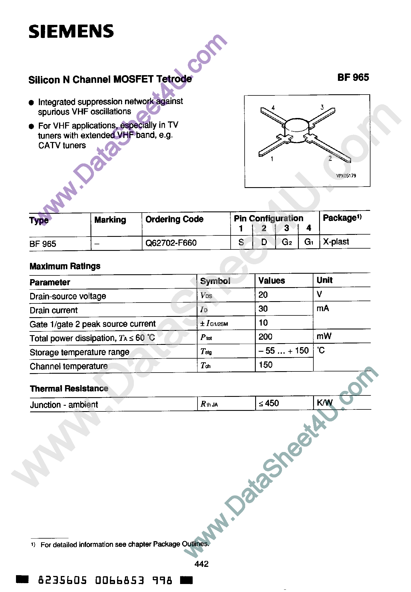 Datasheet BF965 - Silicon N-Channel MOSFET Tetrode page 1