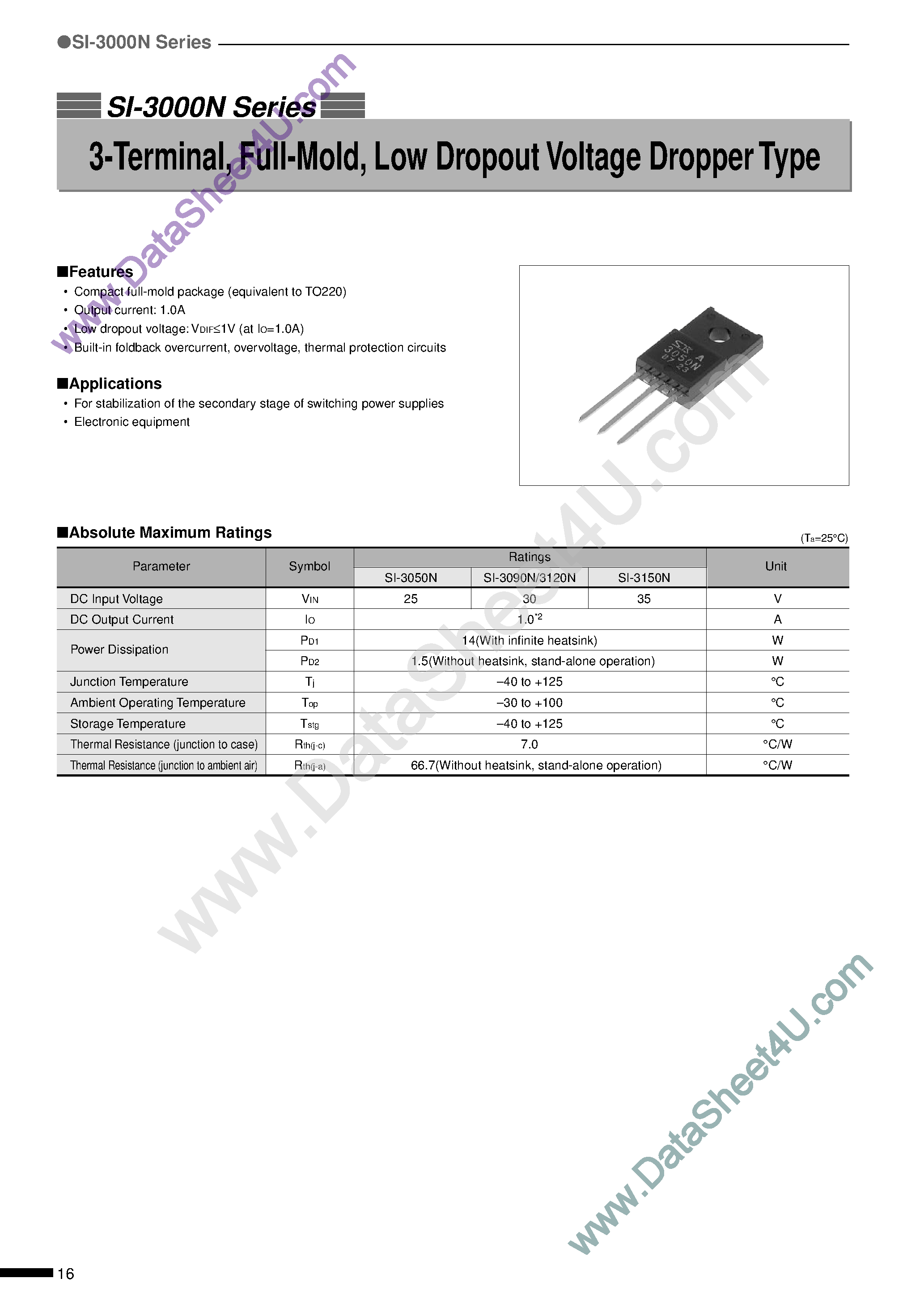 Datasheet SI-3050N page 1 Datasheet SI-3050N - (SI-3100 Series) 3-Terminal / Full-Mold / Low Dropout Voltage Dropper Type page 1