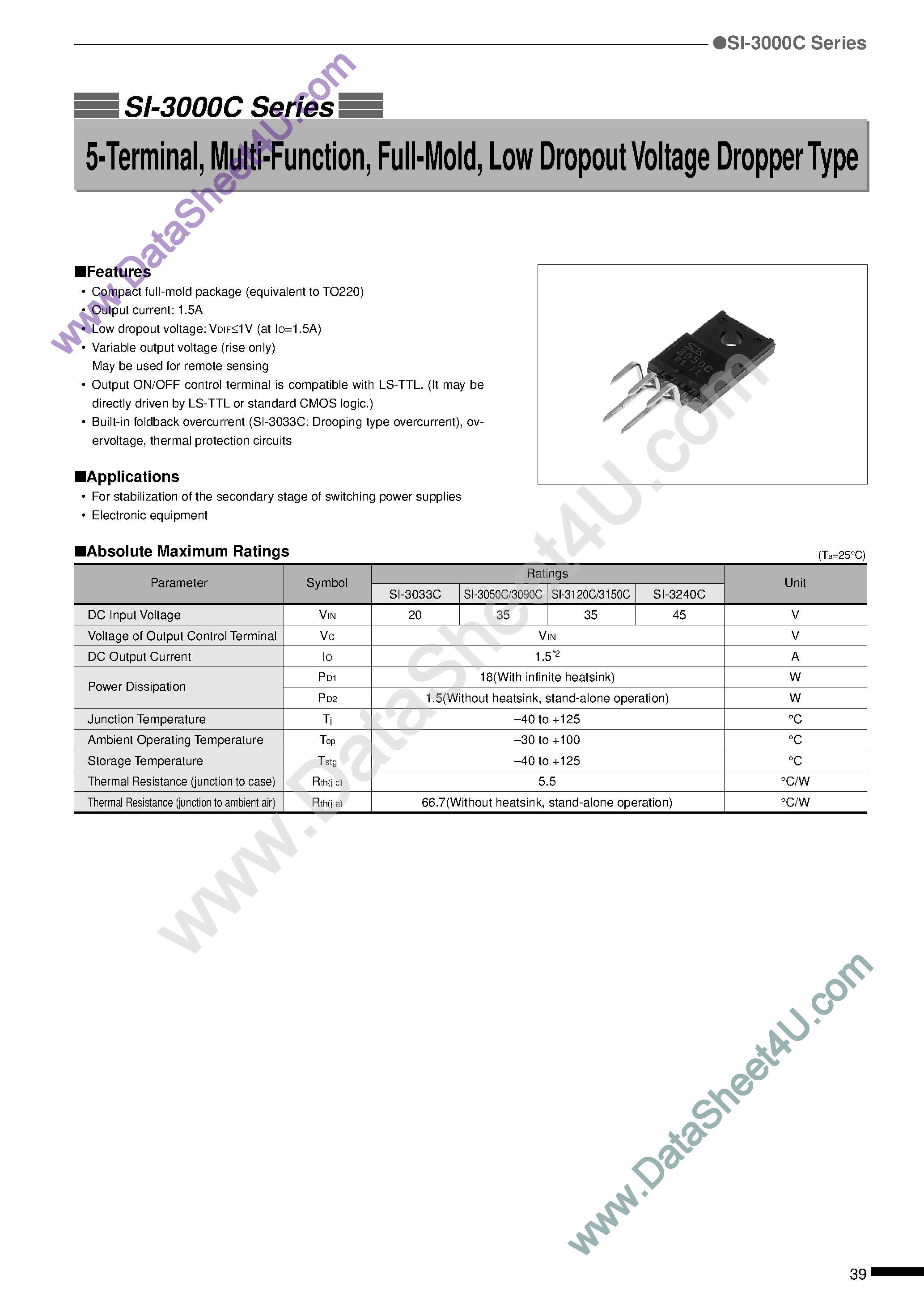 Datasheet SI-3090C - (SI-3100C Series) 5-Terminal / Multi-Function / Full-Mold / Low Dropout Voltage Dropper Type page 1