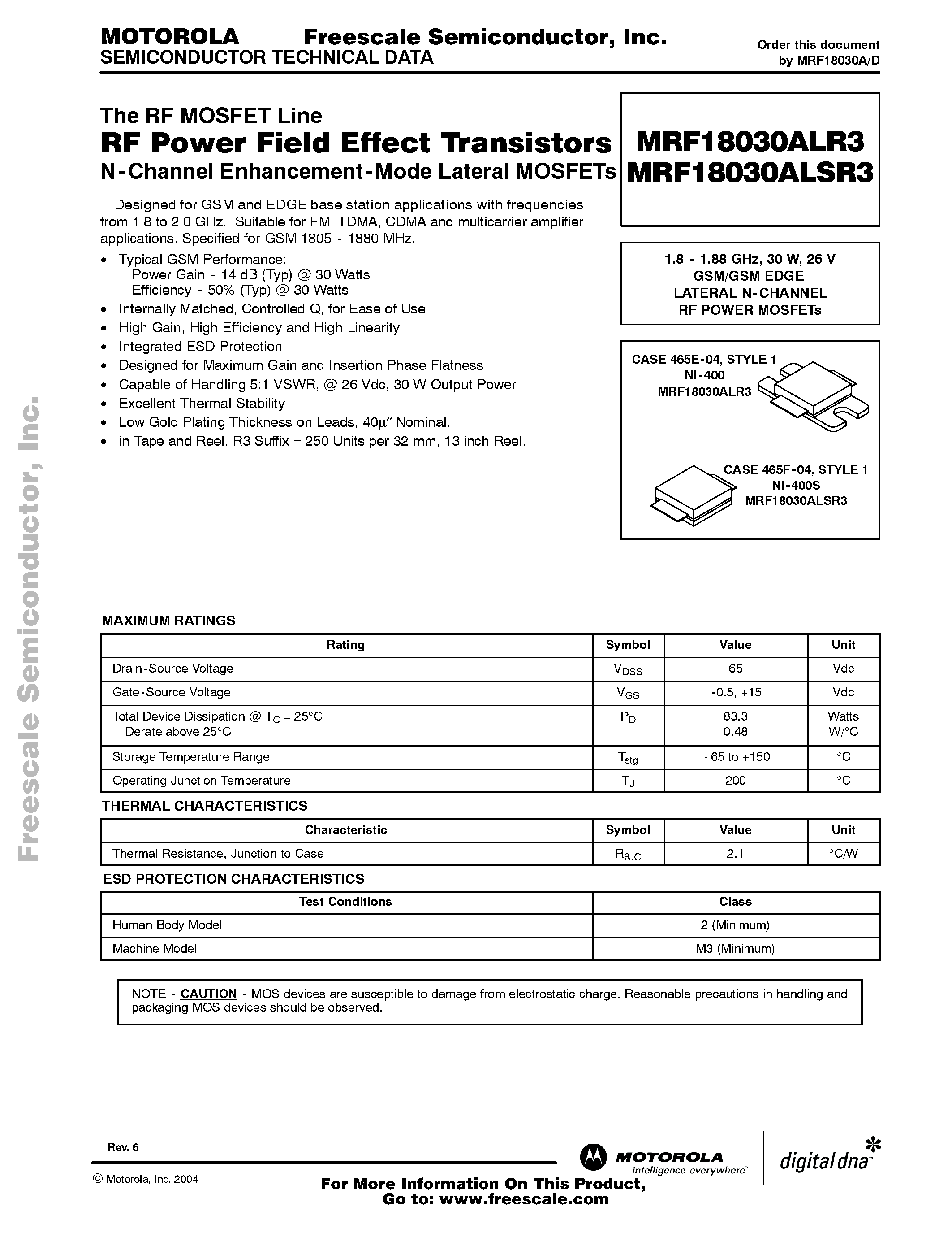 Datasheet MRF18030ALR3 page 1 Datasheet MRF18030ALR3 - RF Power Field Effect Transistors page 1