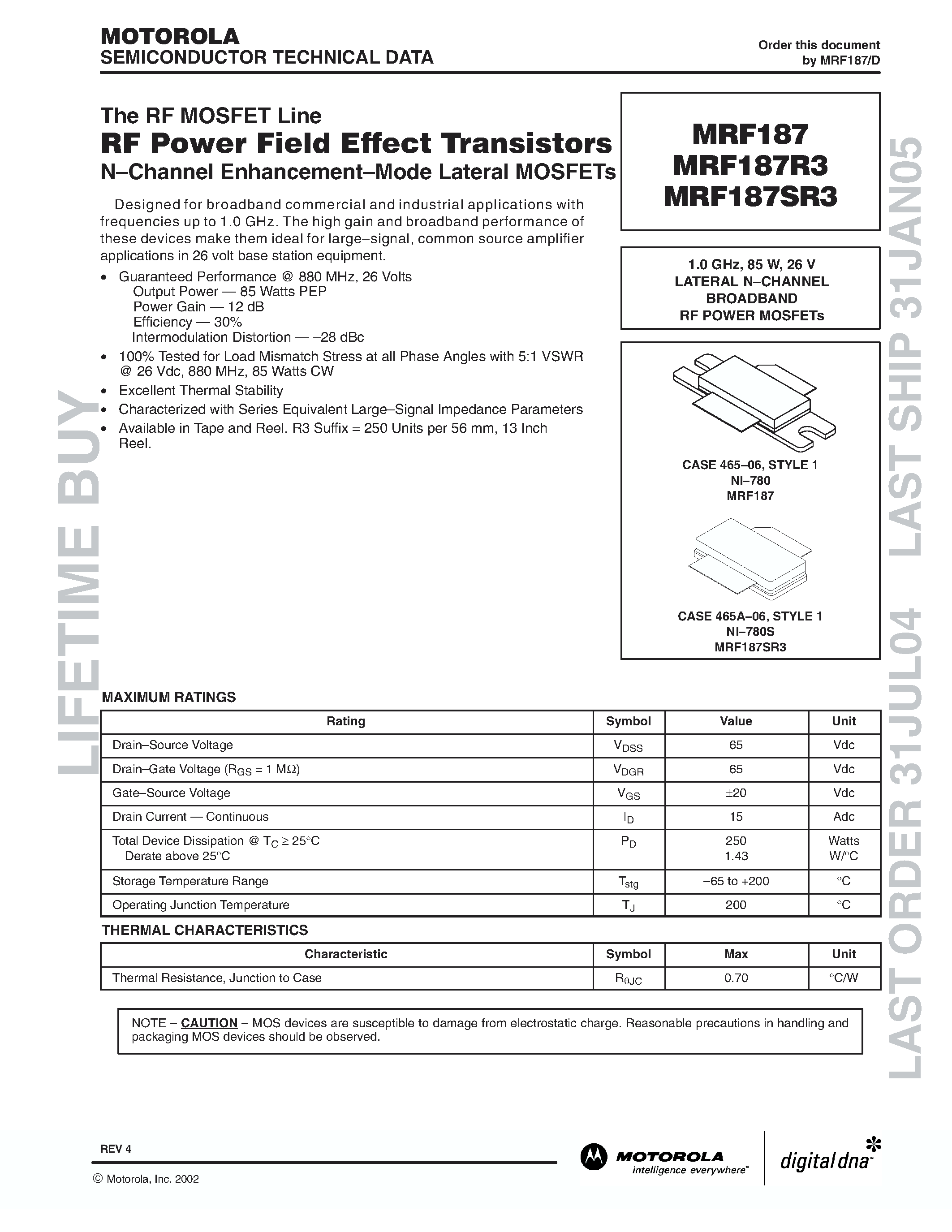 Datasheet MRF187 page 1 Datasheet MRF187 - RF POWER FIELD EFFECT TRANSISTORS page 1