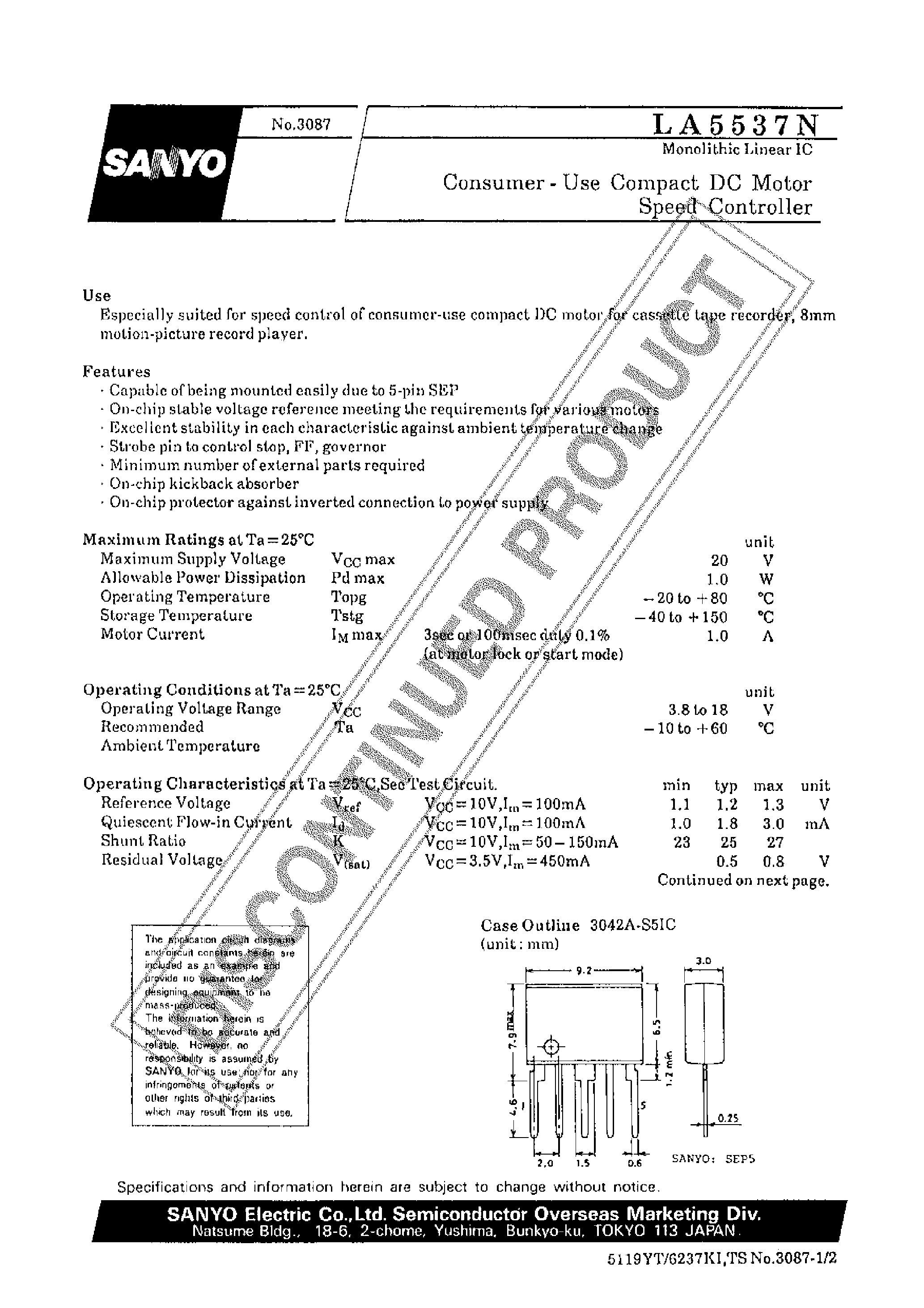 Datasheet LA5537N - CONSUMER USE COMPACT DC MOTOR SPEED CONTROLLER page 1