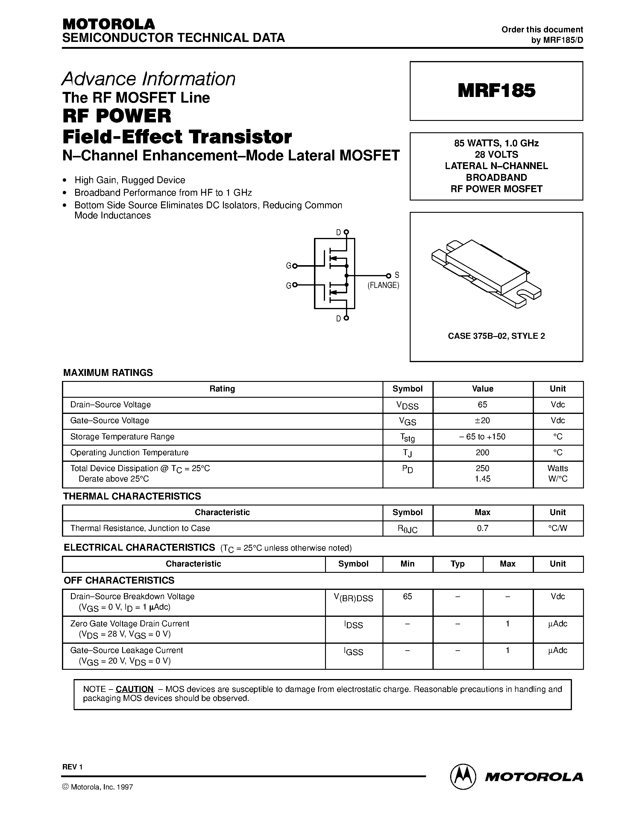 Datasheet MRF185 - LATERAL N-CHANNEL BROADBAND RF POWER MOSFET page 1
