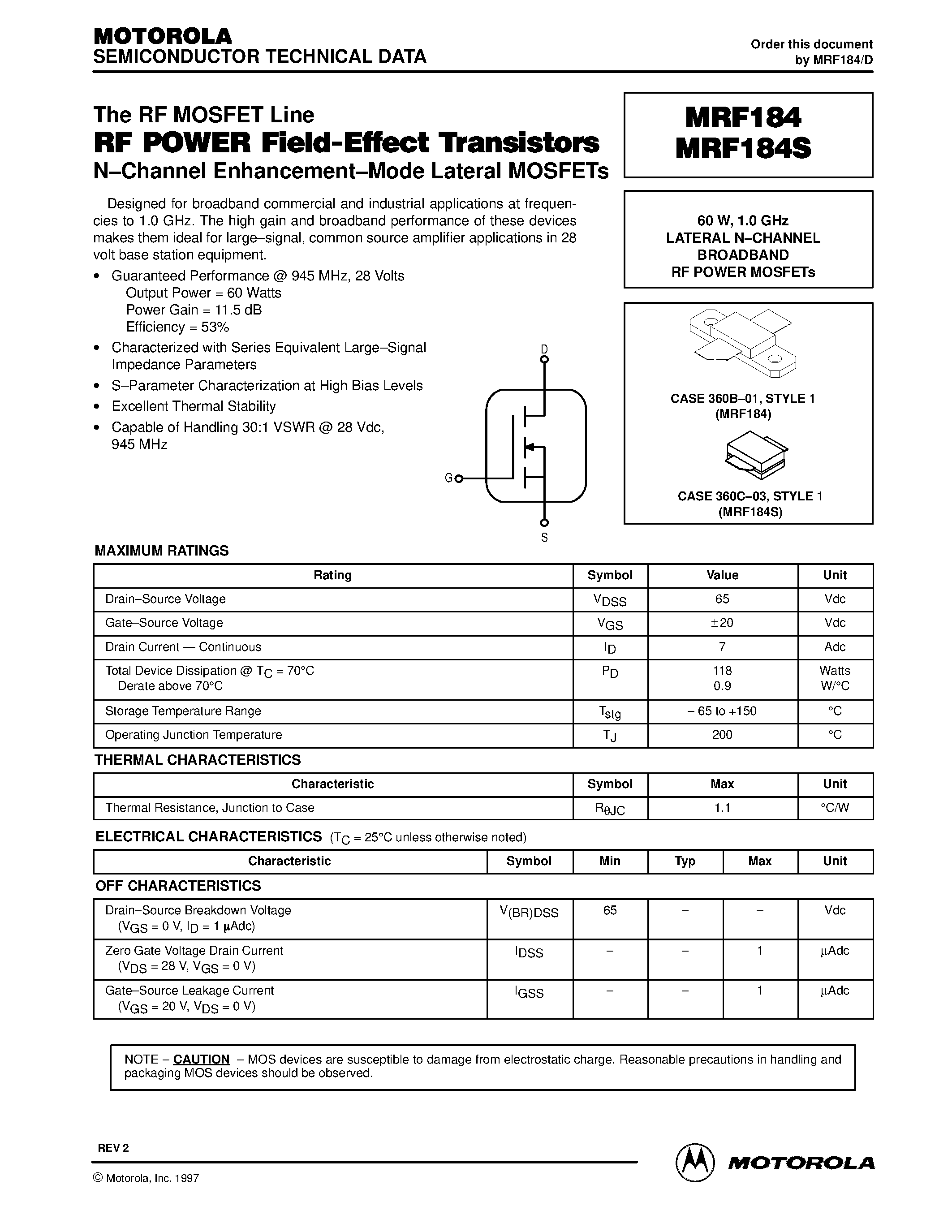Datasheet MRF184 - LATERAL N-CHANNEL BROADBAND RF POWER MOSFETs page 1