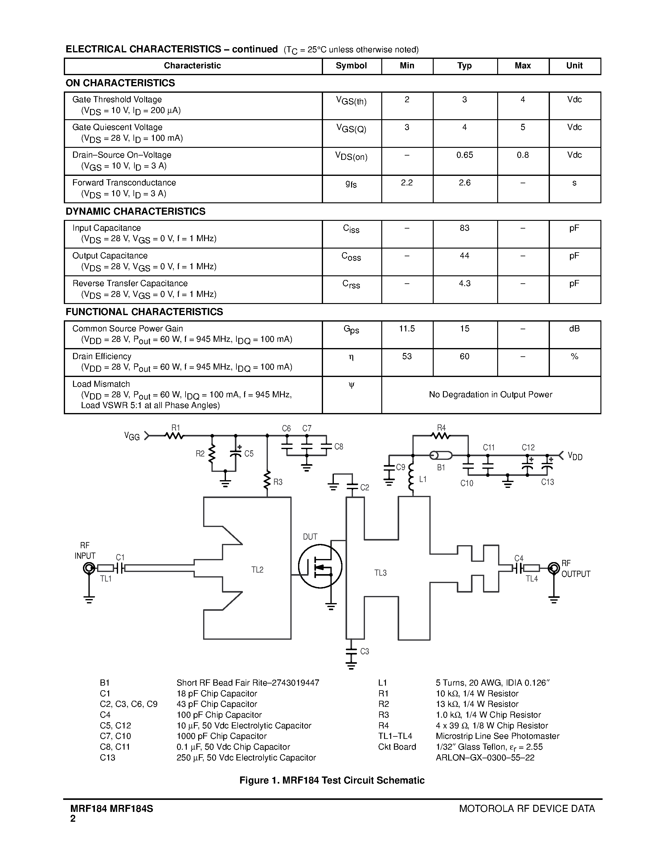 Datasheet MRF184 - LATERAL N-CHANNEL BROADBAND RF POWER MOSFETs page 2