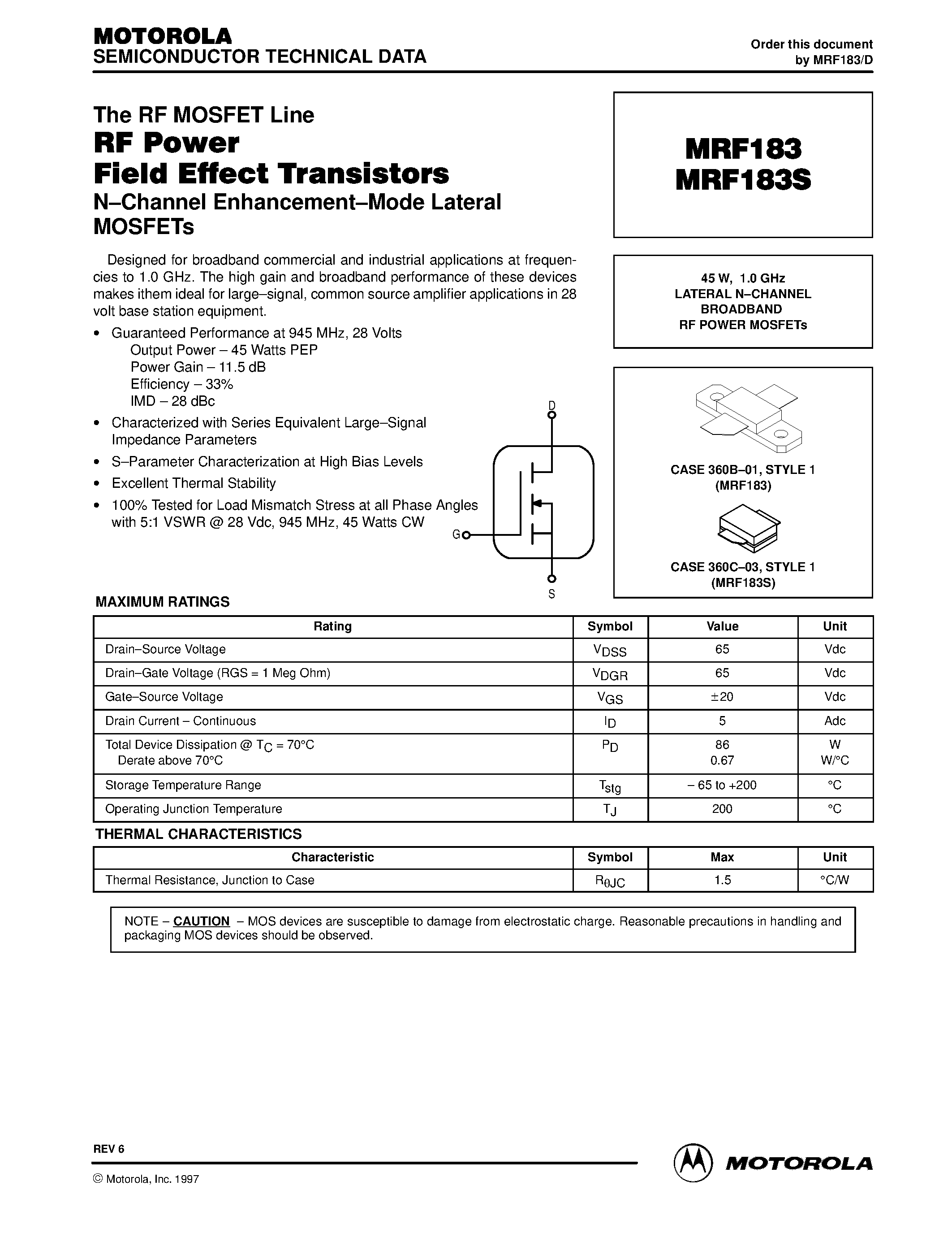 Datasheet MRF183 - LATERAL N-CHANNEL BROADBAND RF POWER MOSFETs page 1