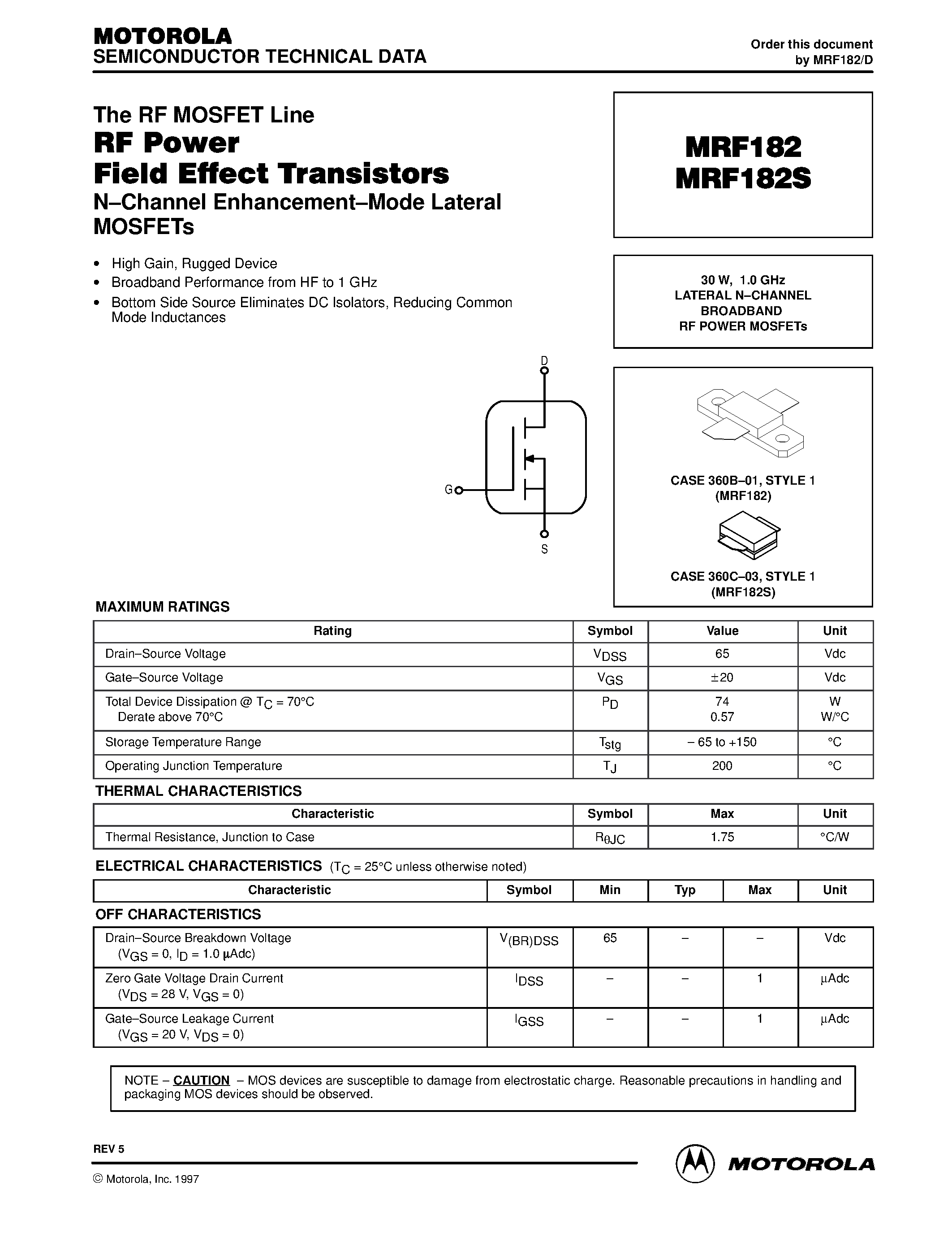Datasheet MRF182 - LATERAL N-CHANNEL BROADBAND RF POWER MOSFETs page 1