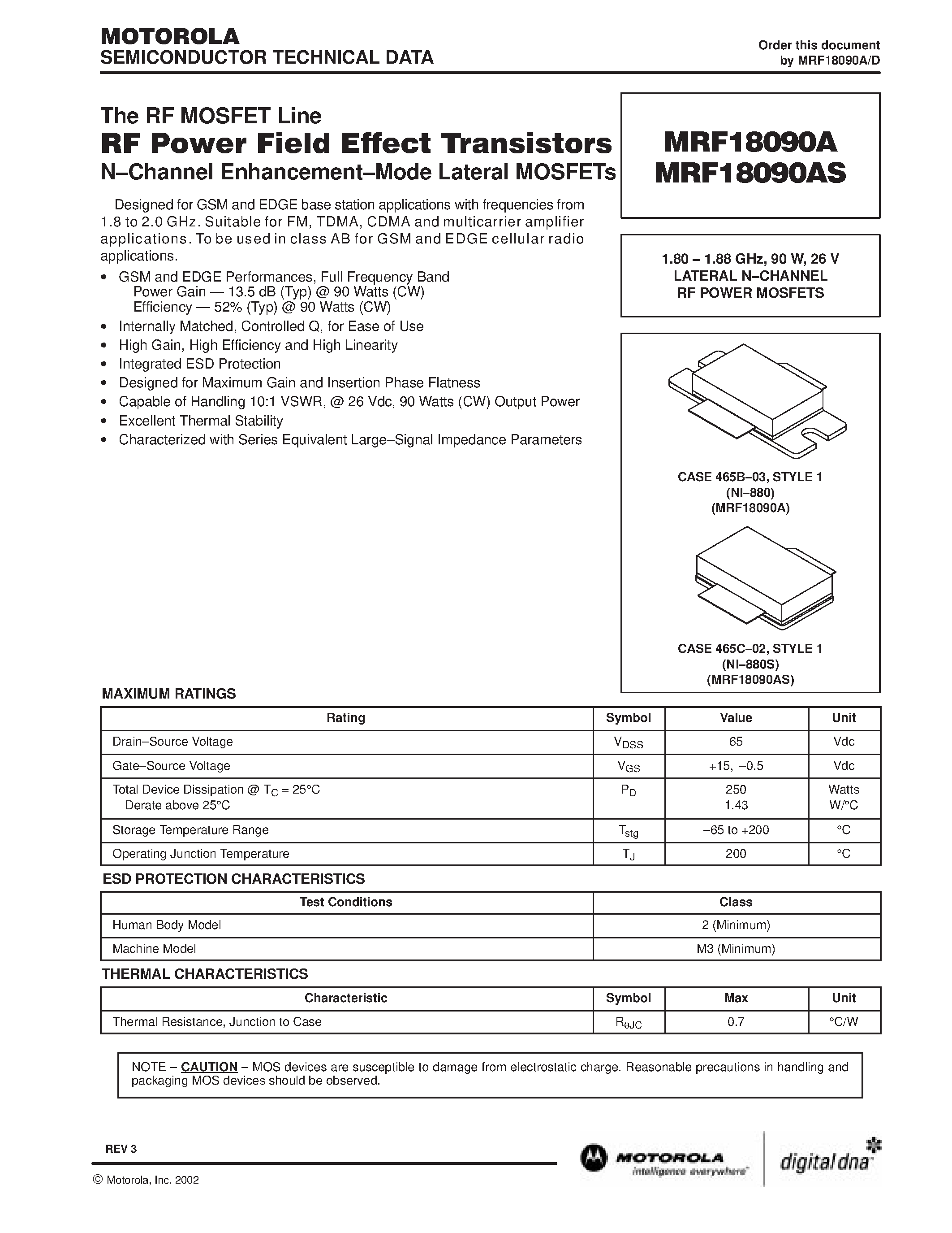 Datasheet MRF18090A - LATERAL N-CHANNEL RF POWER MOSFETS page 1