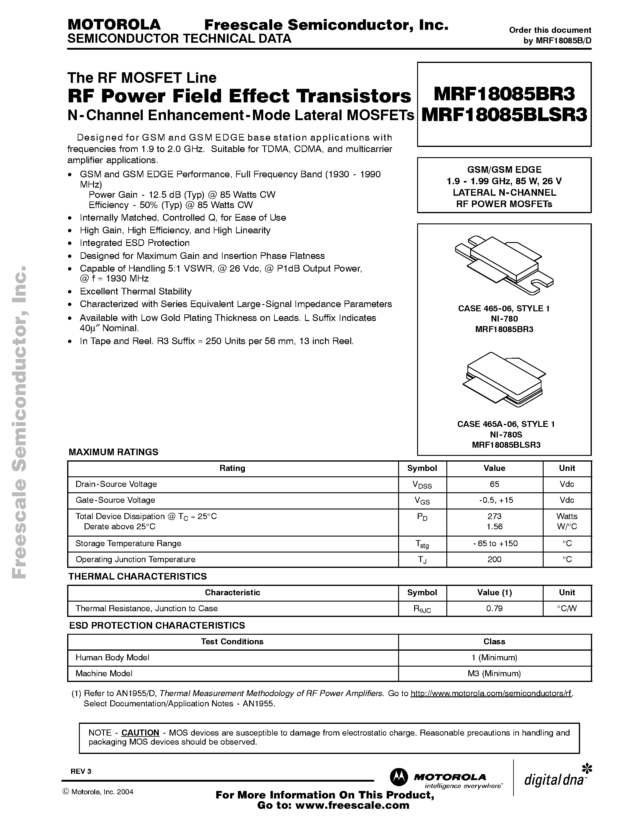 Datasheet MRF18085BLSR3 page 1 Datasheet MRF18085BLSR3 - RF Power Field Effect Transistors page 1
