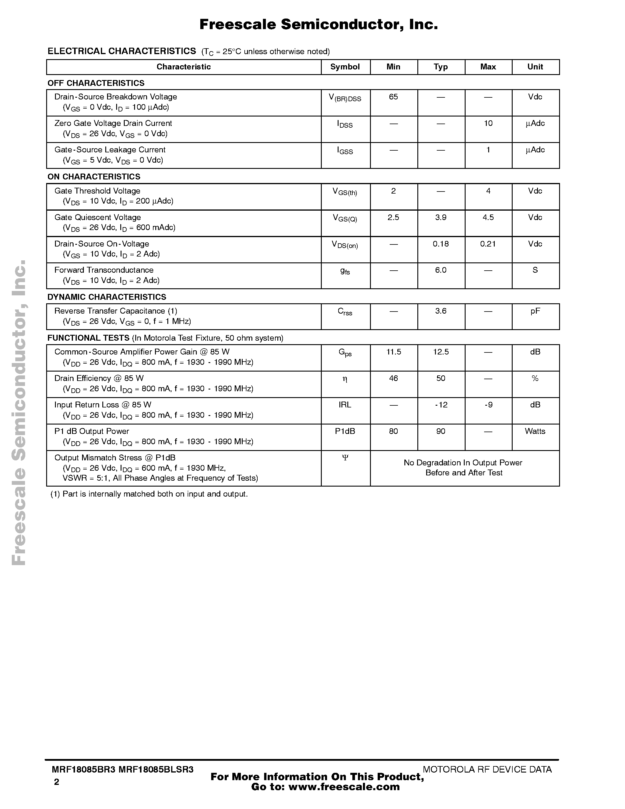 Datasheet MRF18085BLSR3 page 2 Datasheet MRF18085BLSR3 - RF Power Field Effect Transistors page 2