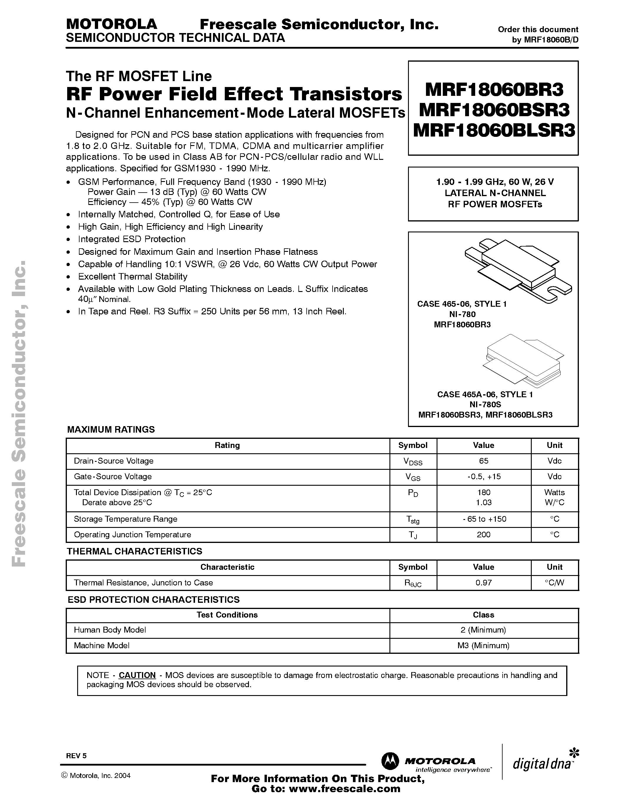 Datasheet MRF18060BLSR3 page 1 Datasheet MRF18060BLSR3 - RF Power Field Effect Transistors page 1