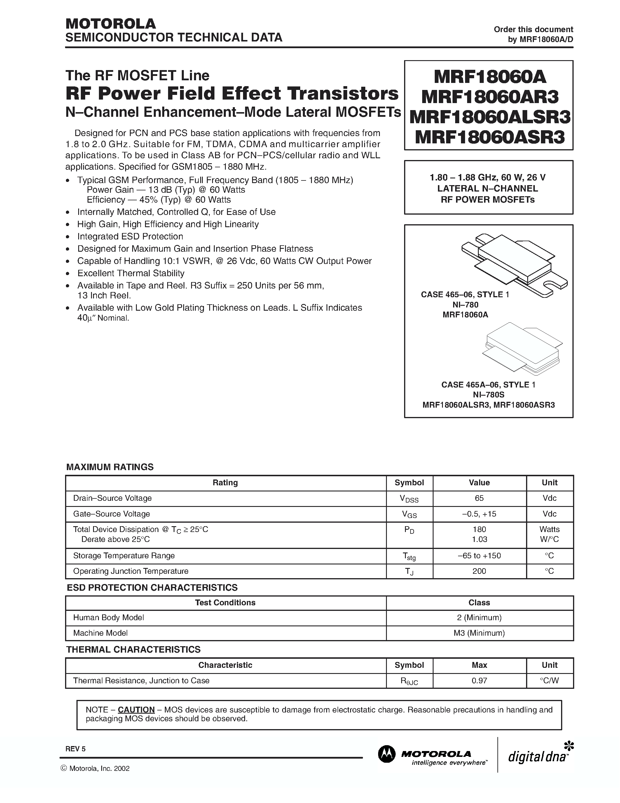 Datasheet MRF18060A - RF POWER FIELD EFFECT TRANSISTORS page 1