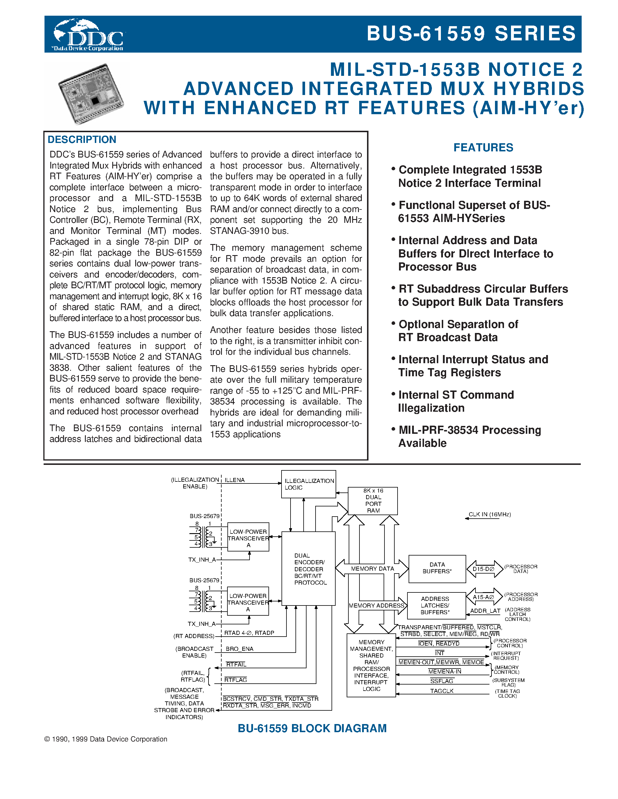 Даташит на микросхему BUS-61559 страница 1 Даташит BUS-61559 - MIL-STD-1553 Bc-rt-mt Integrated Terminal страница 1