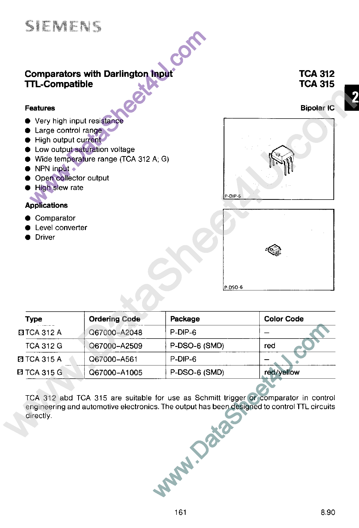 Datasheet TCA312 page 1 Datasheet TCA312 - (TCA312 / TCA315) Comparators with Darlington Input TTL-Compatible page 1