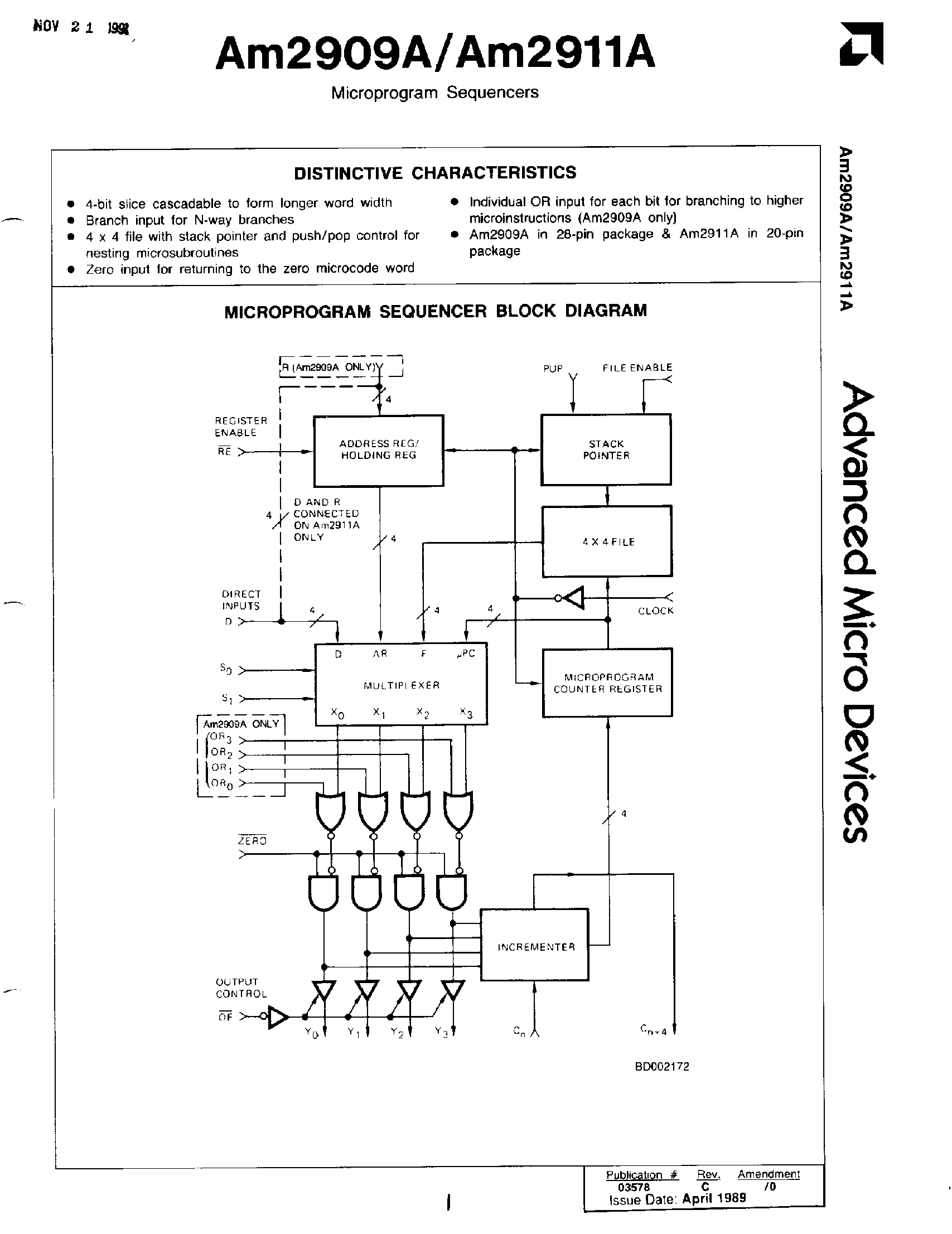 Даташит AM2911A - (AM2909A / AM2911A) MICROPROGRAM SEQUENCER BLOCK DIAGRAM страница 1
