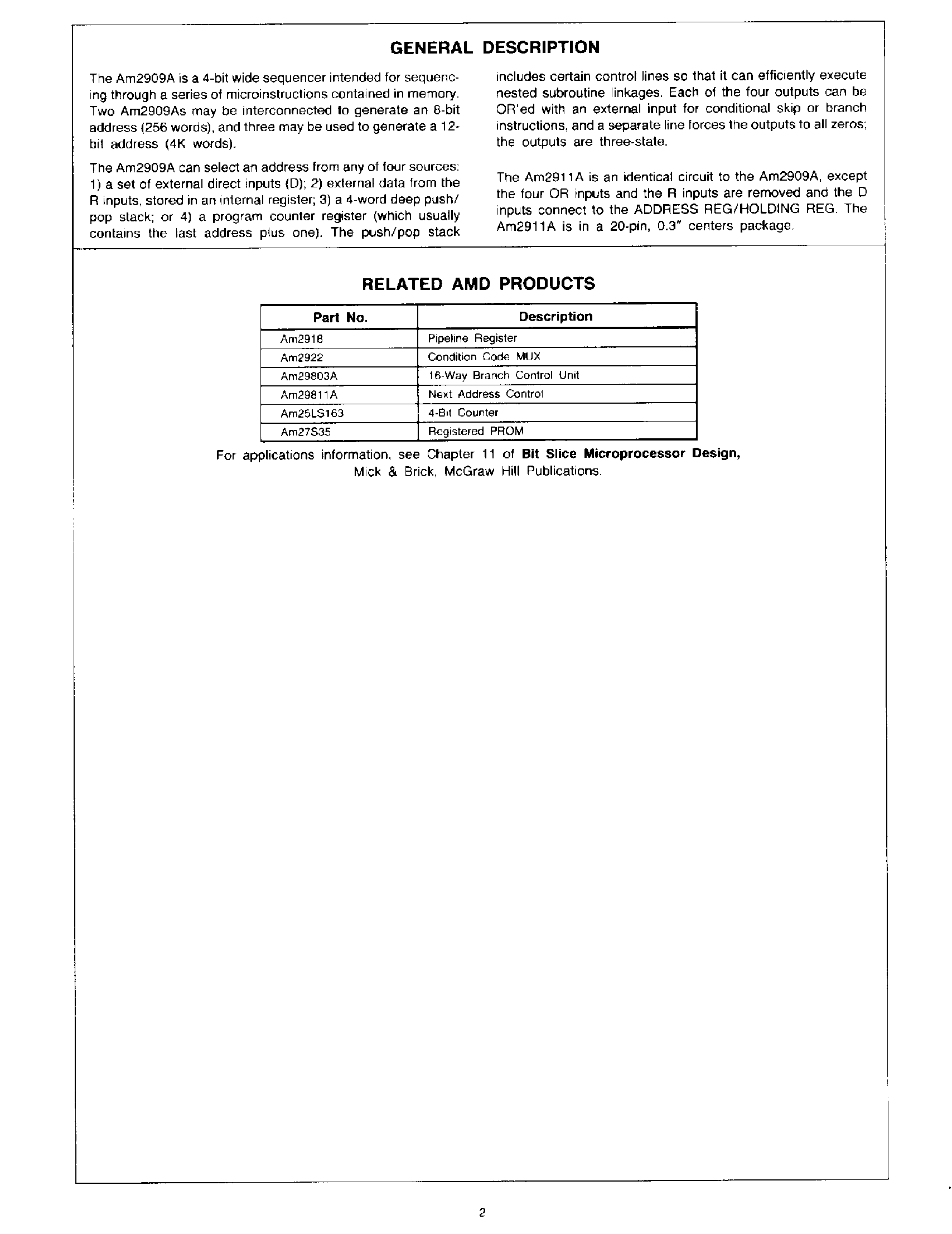 Datasheet AM2911A - (AM2909A / AM2911A) MICROPROGRAM SEQUENCER BLOCK DIAGRAM page 2