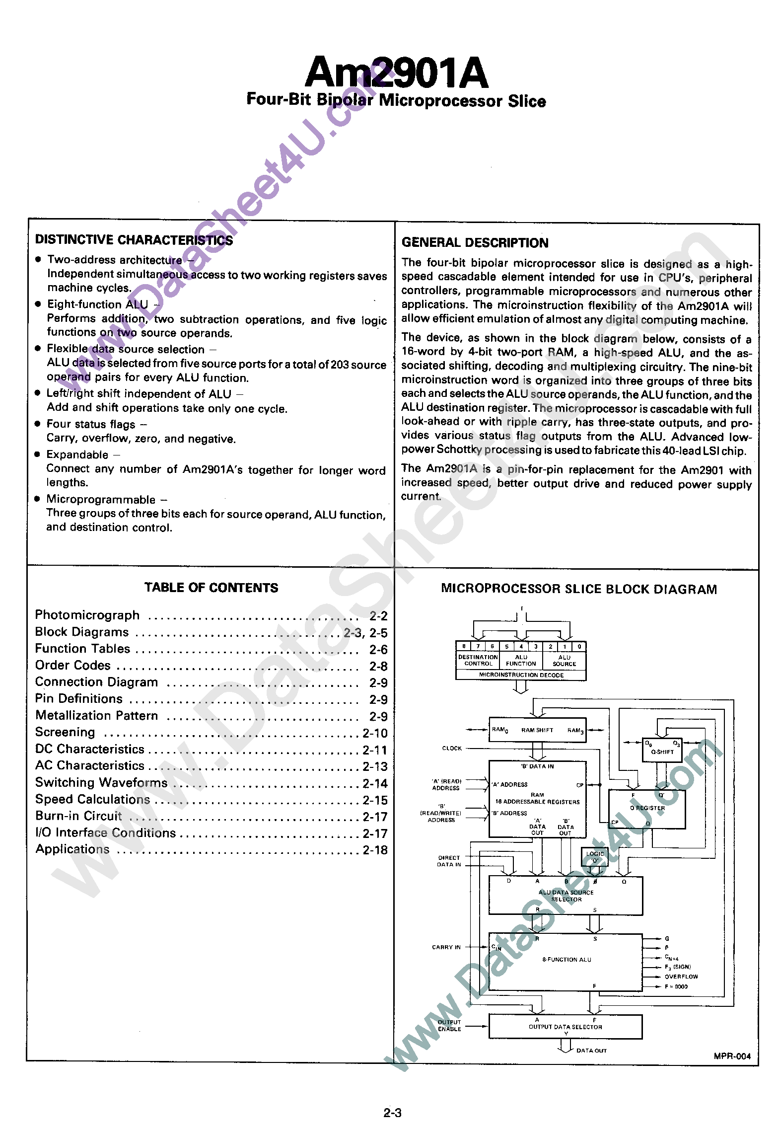 Datasheet AM2901A - 4-Bit Bipolar MicroProcessor Slice page 1
