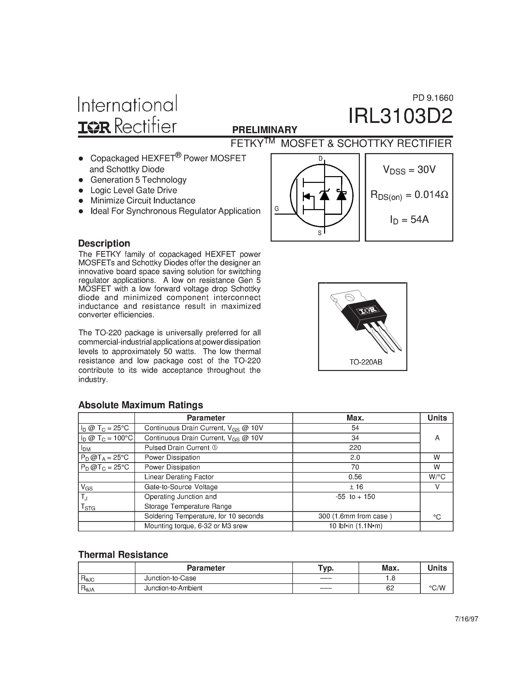 Datasheet IRL3103D2 - MOSFET & SCHOTTKY RECTIFIER page 1