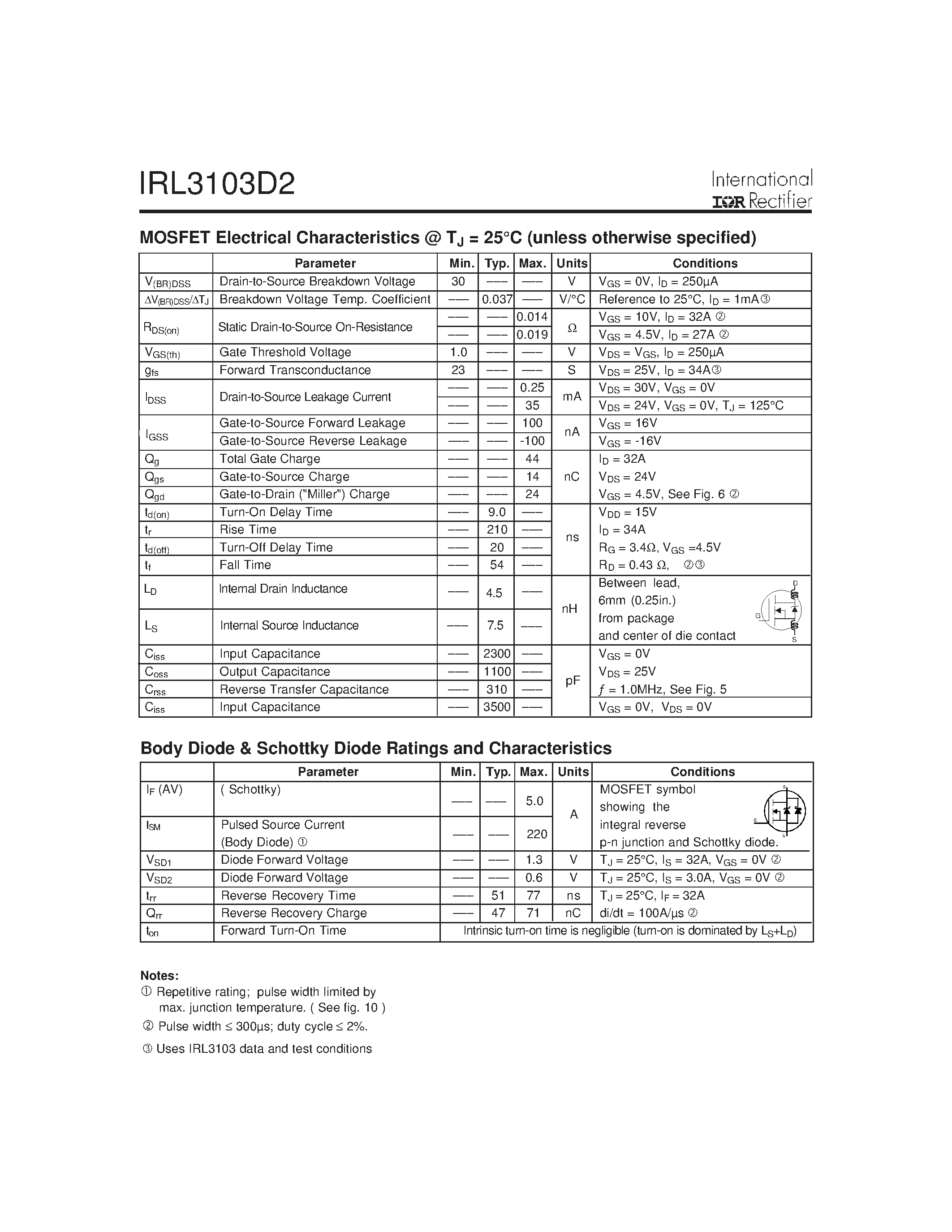 Datasheet IRL3103D2 - MOSFET & SCHOTTKY RECTIFIER page 2
