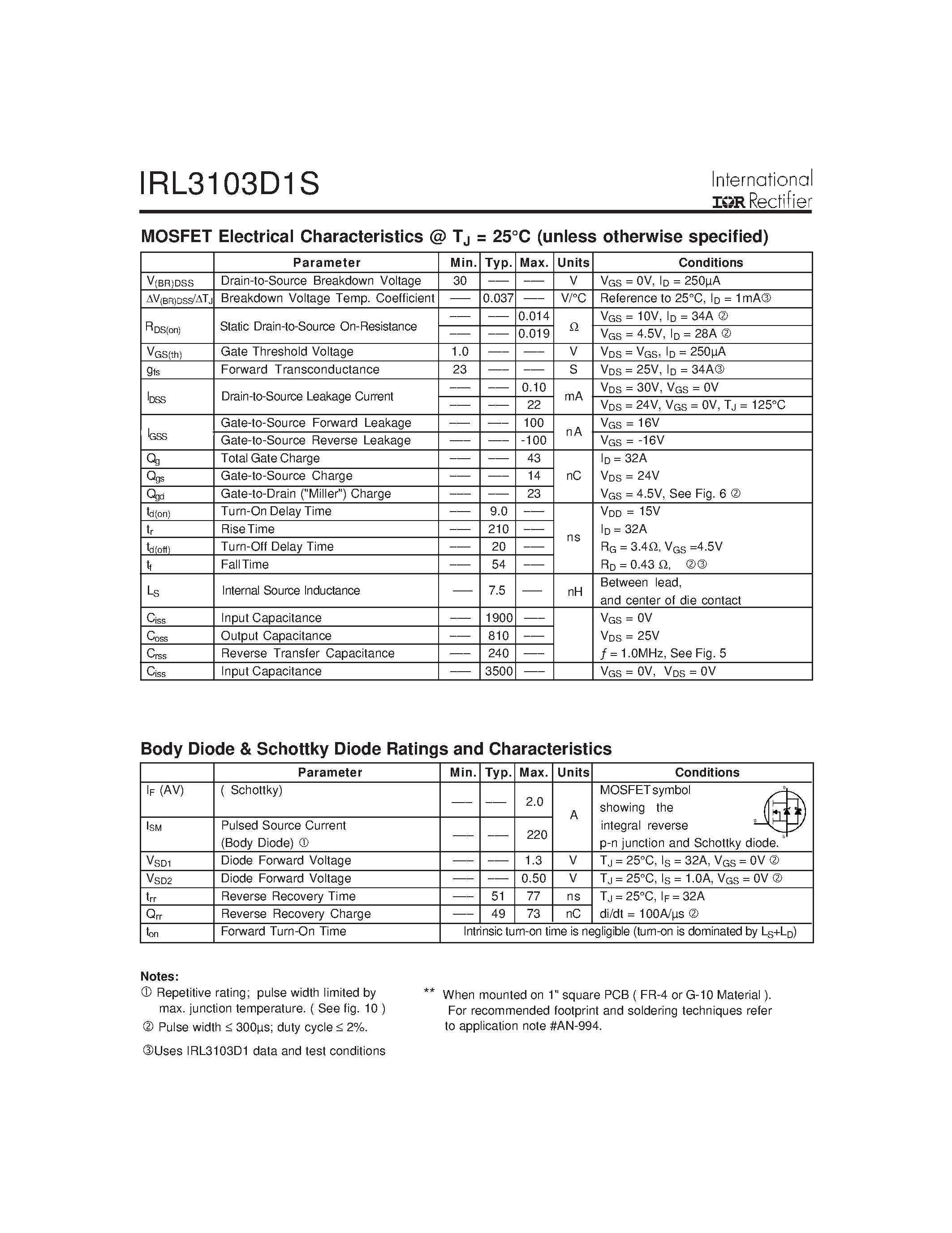 Datasheet IRL3103D1S - MOSFET & SCHOTTKY RECTIFIER page 2