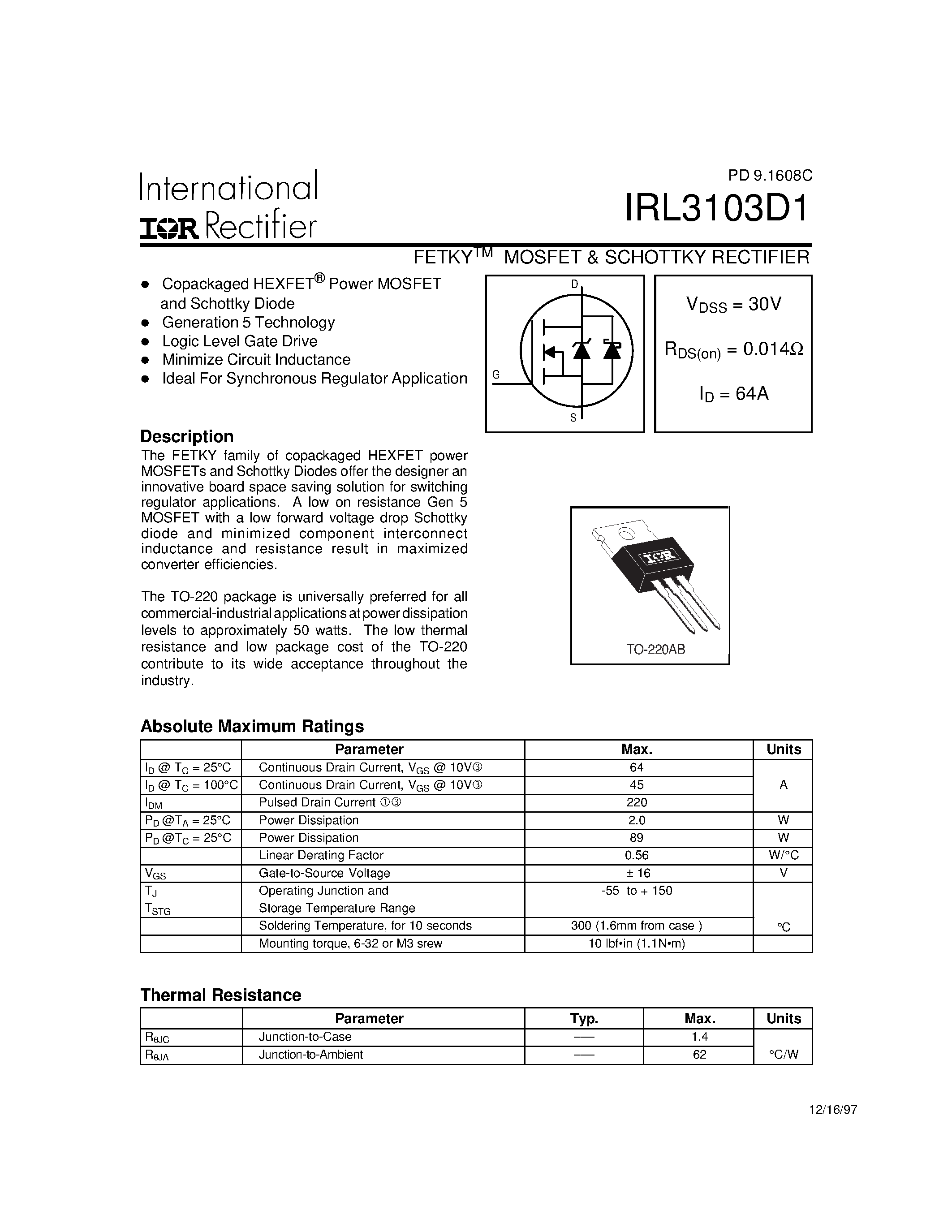 Datasheet IRL3103D1 - MOSFET & SCHOTTKY RECTIFIER page 1