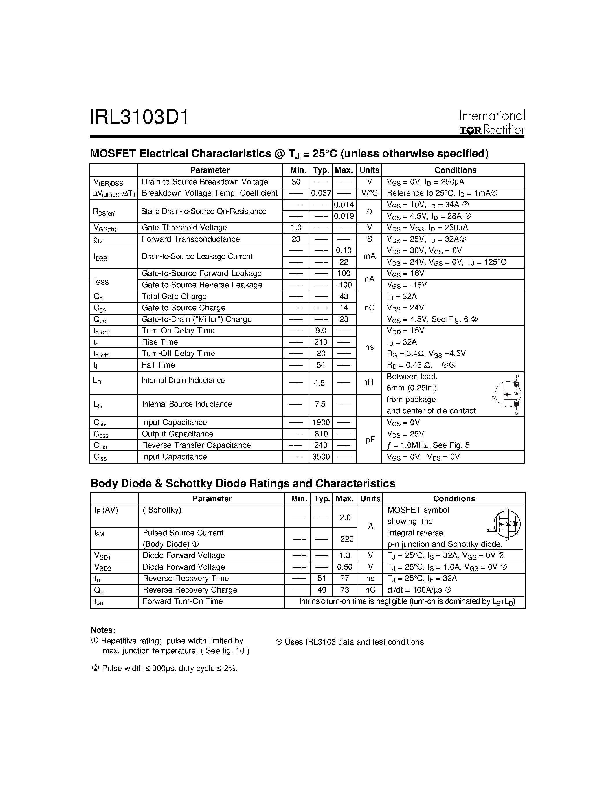 Datasheet IRL3103D1 - MOSFET & SCHOTTKY RECTIFIER page 2