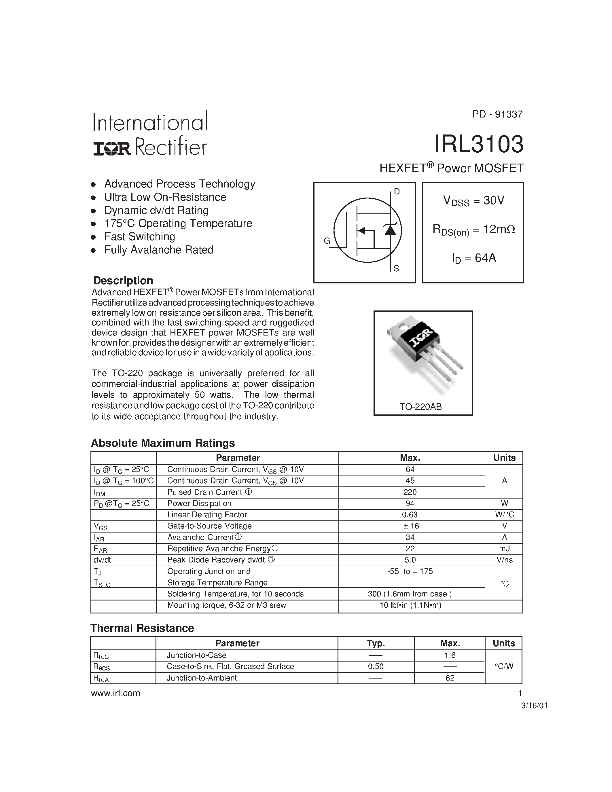Datasheet IRL3103 page 1 Datasheet IRL3103 - Power MOSFET page 1