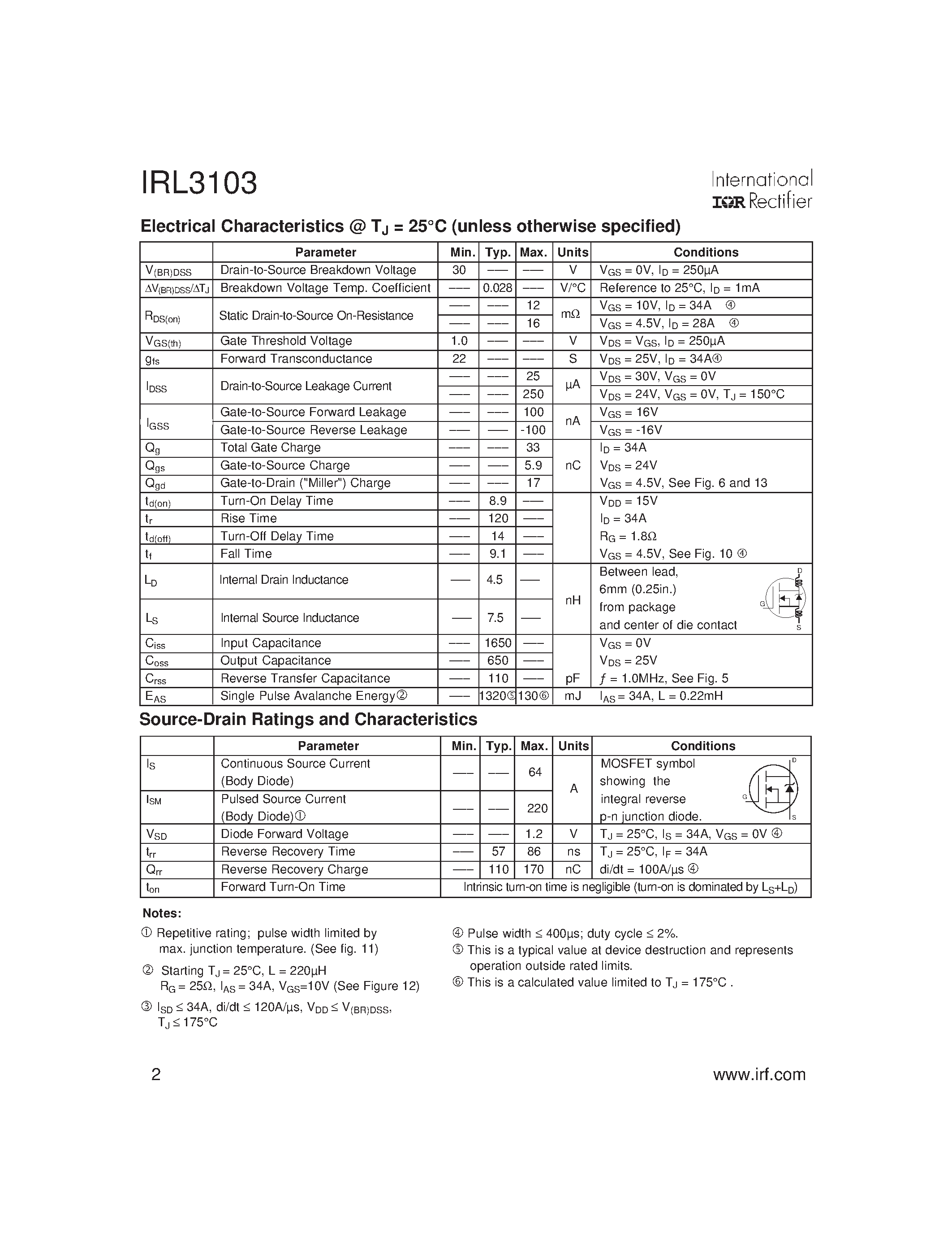 Datasheet IRL3103 page 2 Datasheet IRL3103 - Power MOSFET page 2