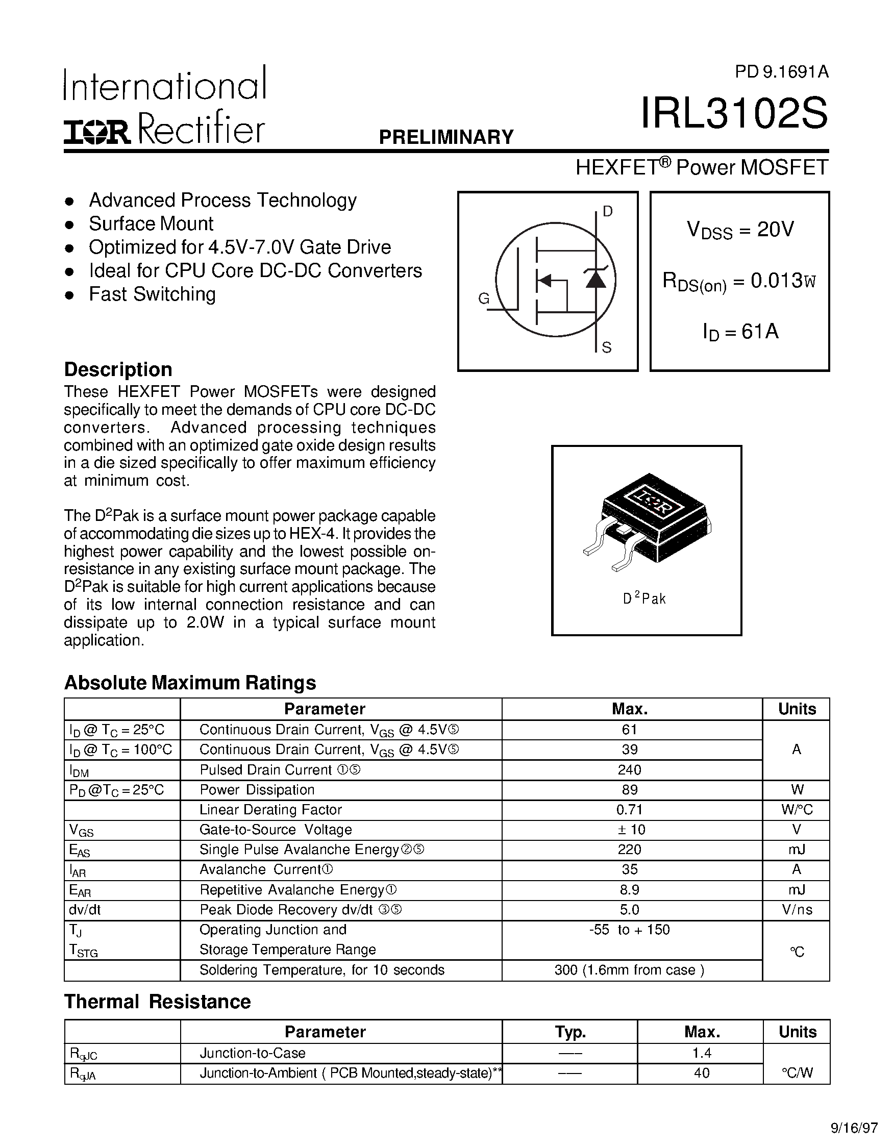 Даташит IRL3102S - Power MOSFET страница 1