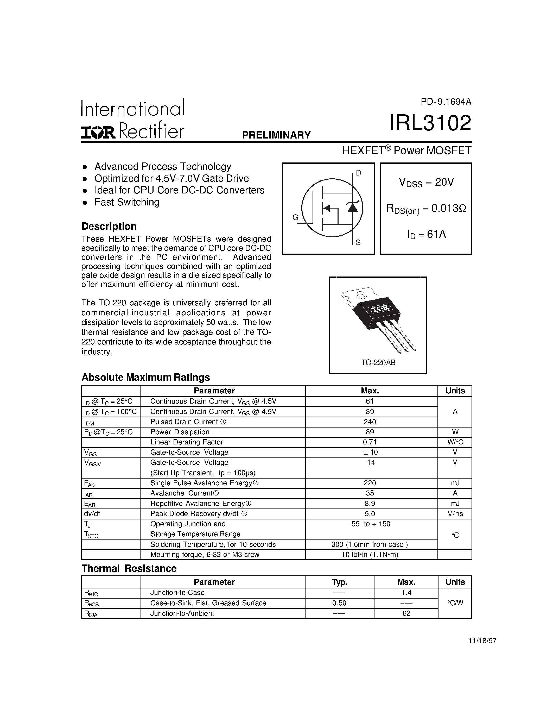 Datasheet IRL3102 page 1 Datasheet IRL3102 - Power MOSFET page 1