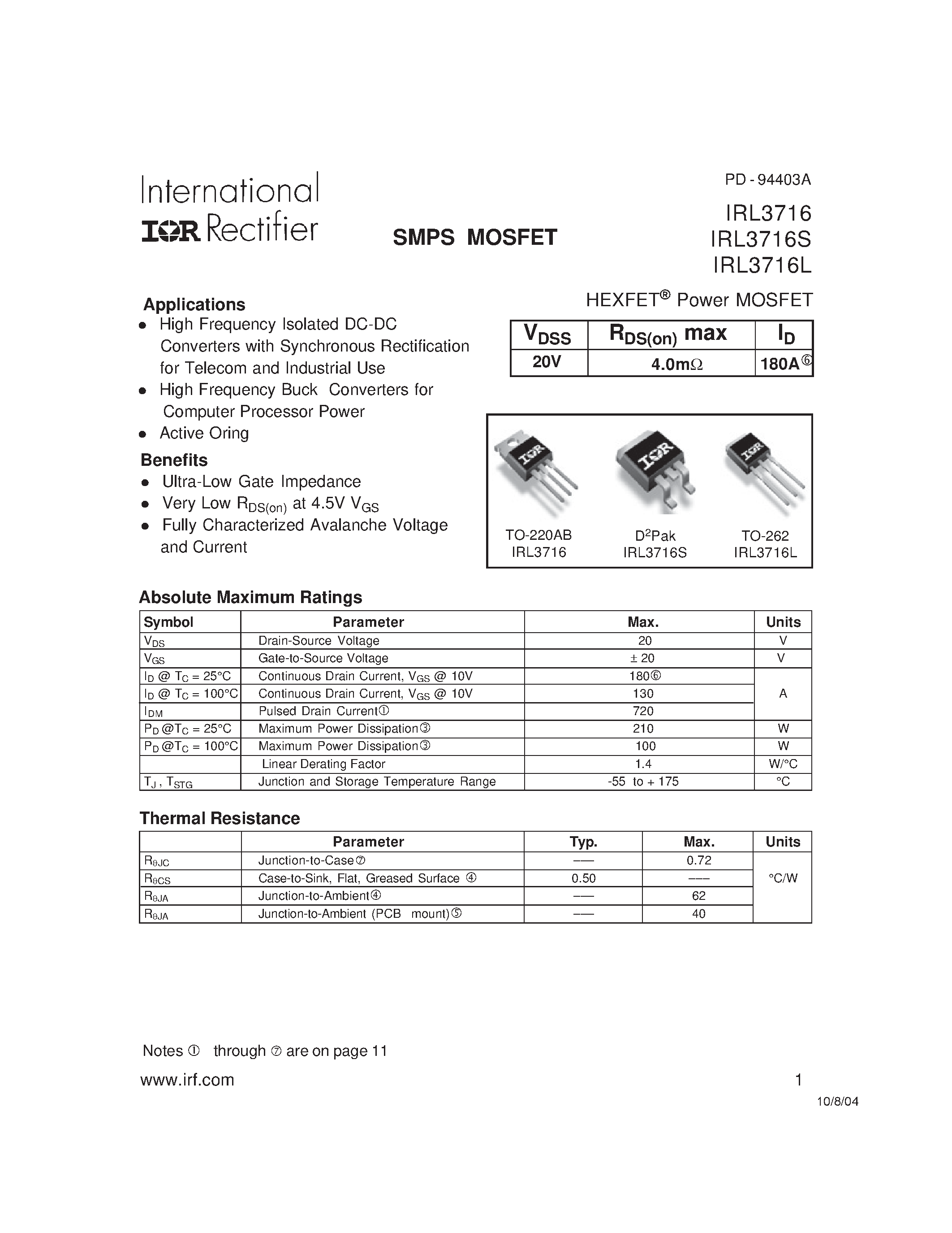 Datasheet IRL3716 - HEXFET Power MOSFET page 1