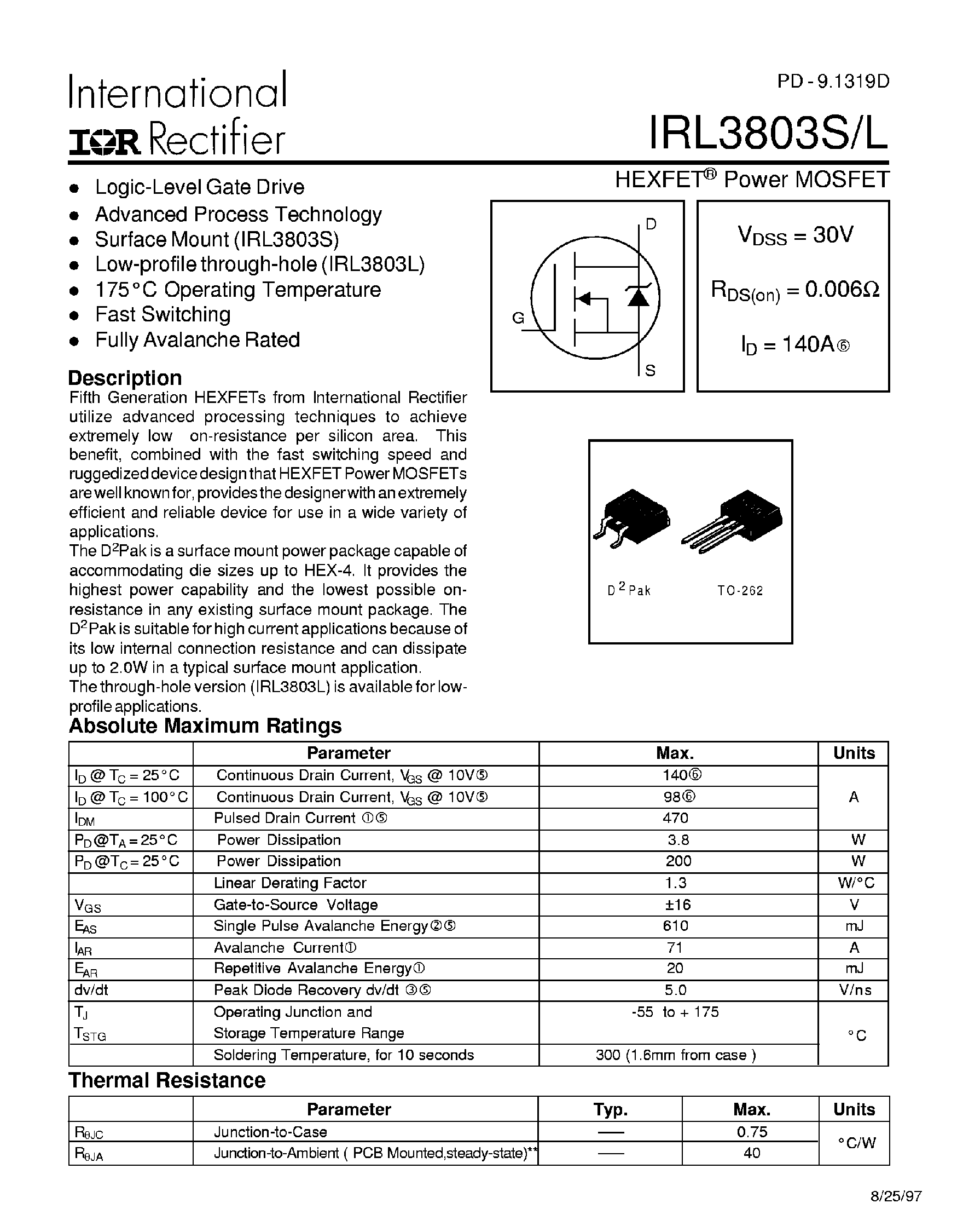 Datasheet IRL3803L page 1 Datasheet IRL3803L - Power MOSFET page 1