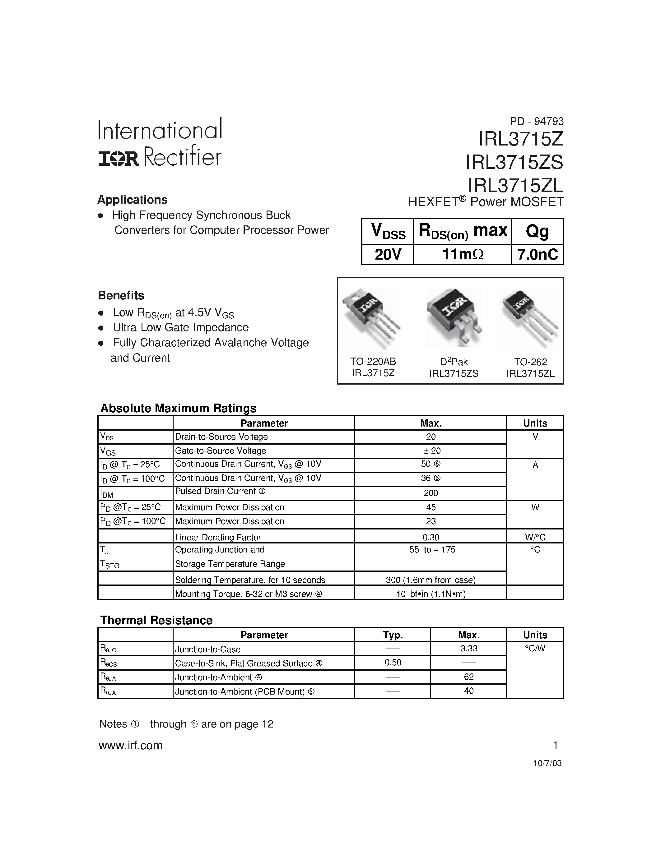 Datasheet IRL3715Z page 1 Datasheet IRL3715Z - HEXFET Power MOSFET page 1